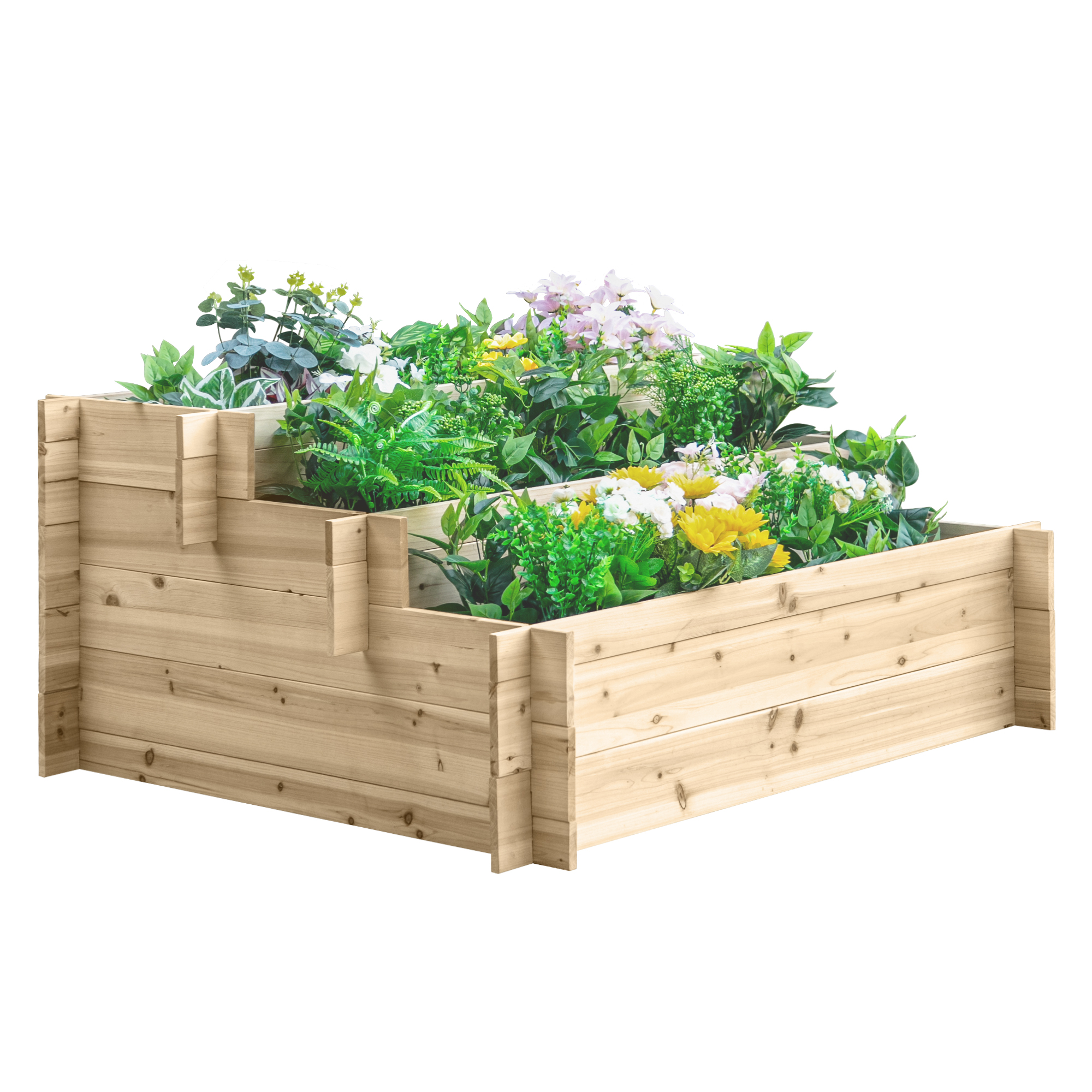 Aiuola rialzata in legno con fiori e piante. Legno marrone chiaro, tre livelli.