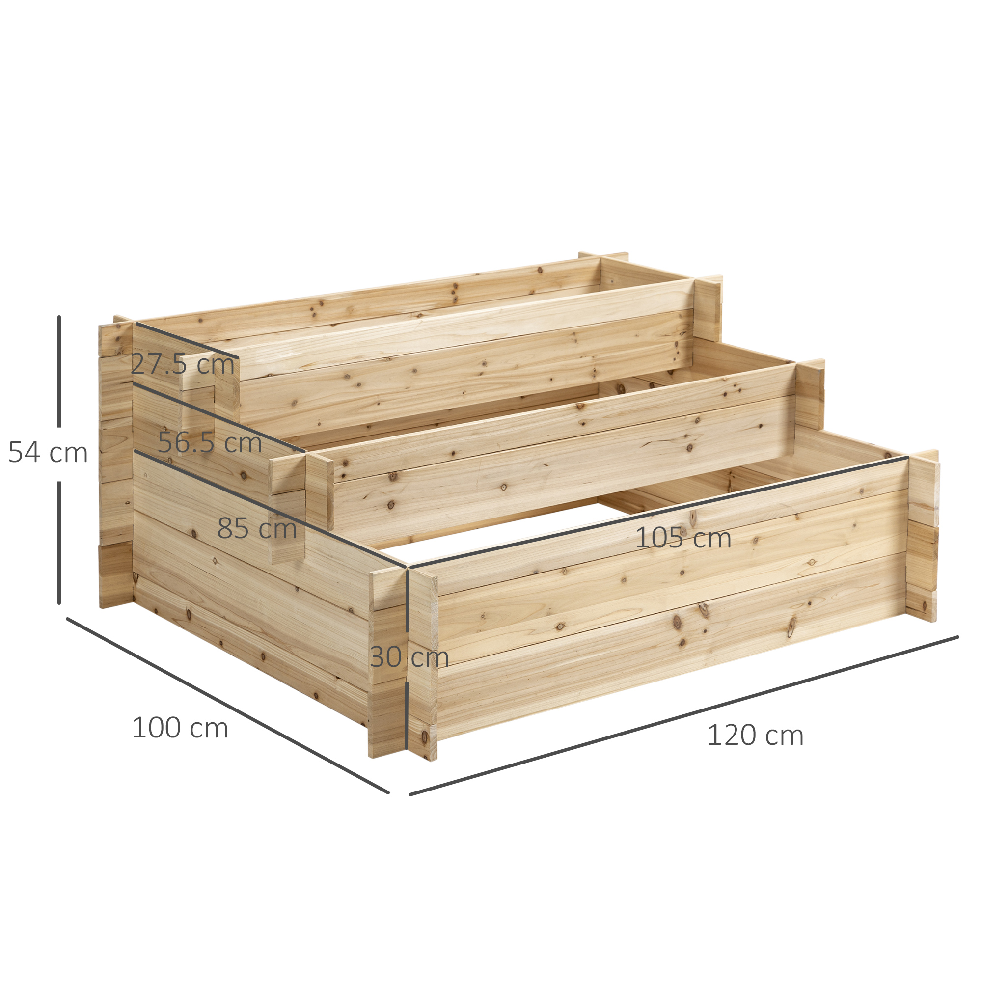 Un'aiuola rialzata in legno a tre livelli con dimensioni etichettate.