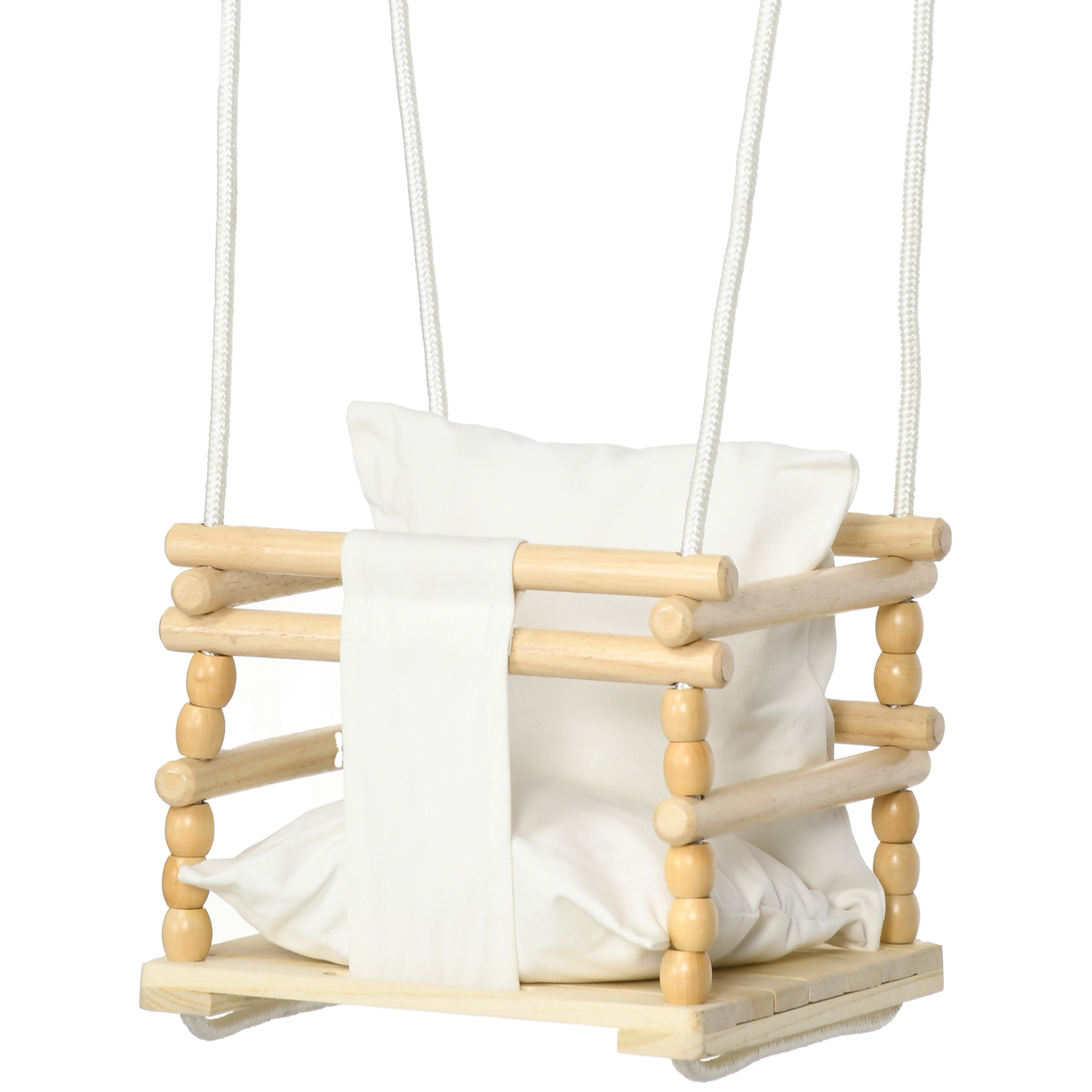 Un'altalena per bambini in legno con un cuscino bianco e corde bianche.