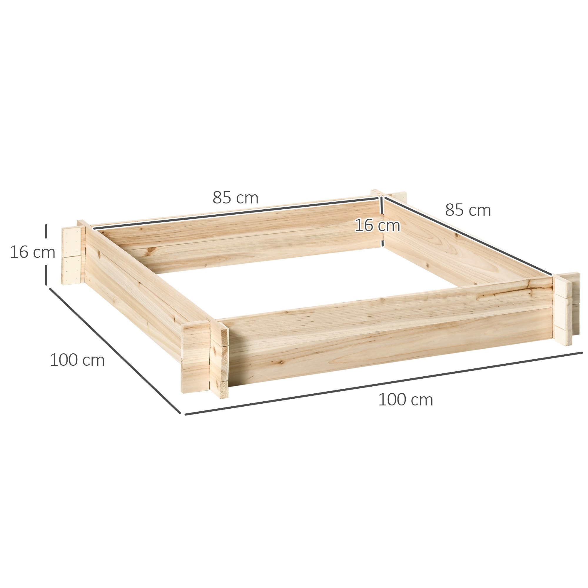 Un'aiuola rialzata in legno, rettangolare, con dimensioni etichettate.