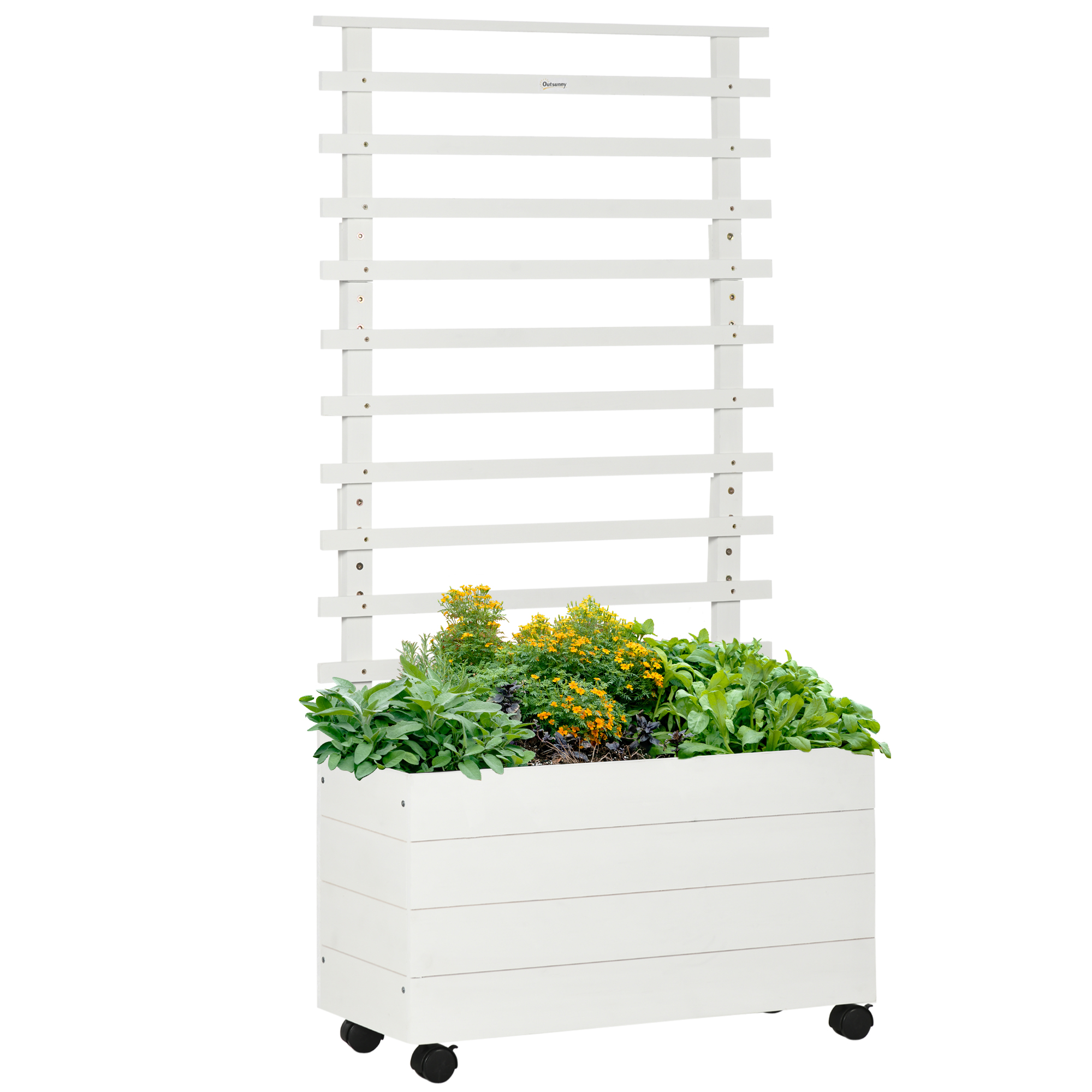 Una fioriera in legno bianco con un traliccio sulla parte superiore. Ha una forma rettangolare e ruote.