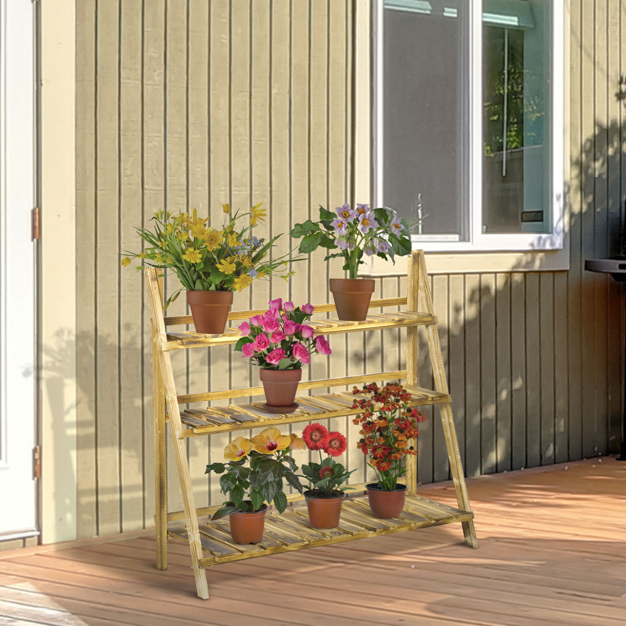 Puesto de plantas - OUTSUNNY 845-113, 37 cm x 100 cm x 93 cm, Madera de Abeto, Carbonizado