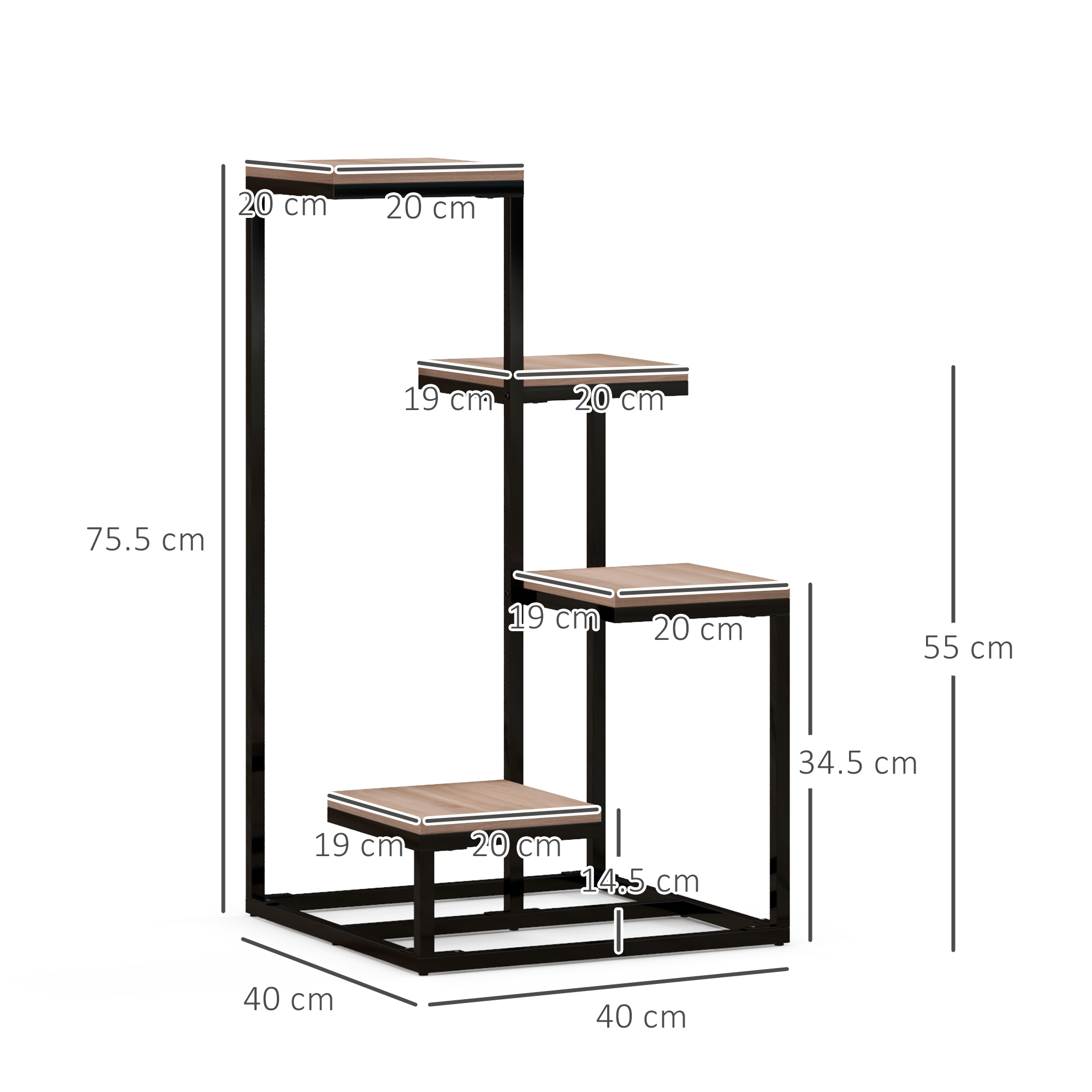 Un portapiante a più livelli con quattro ripiani e dimensioni. Struttura in metallo nero.