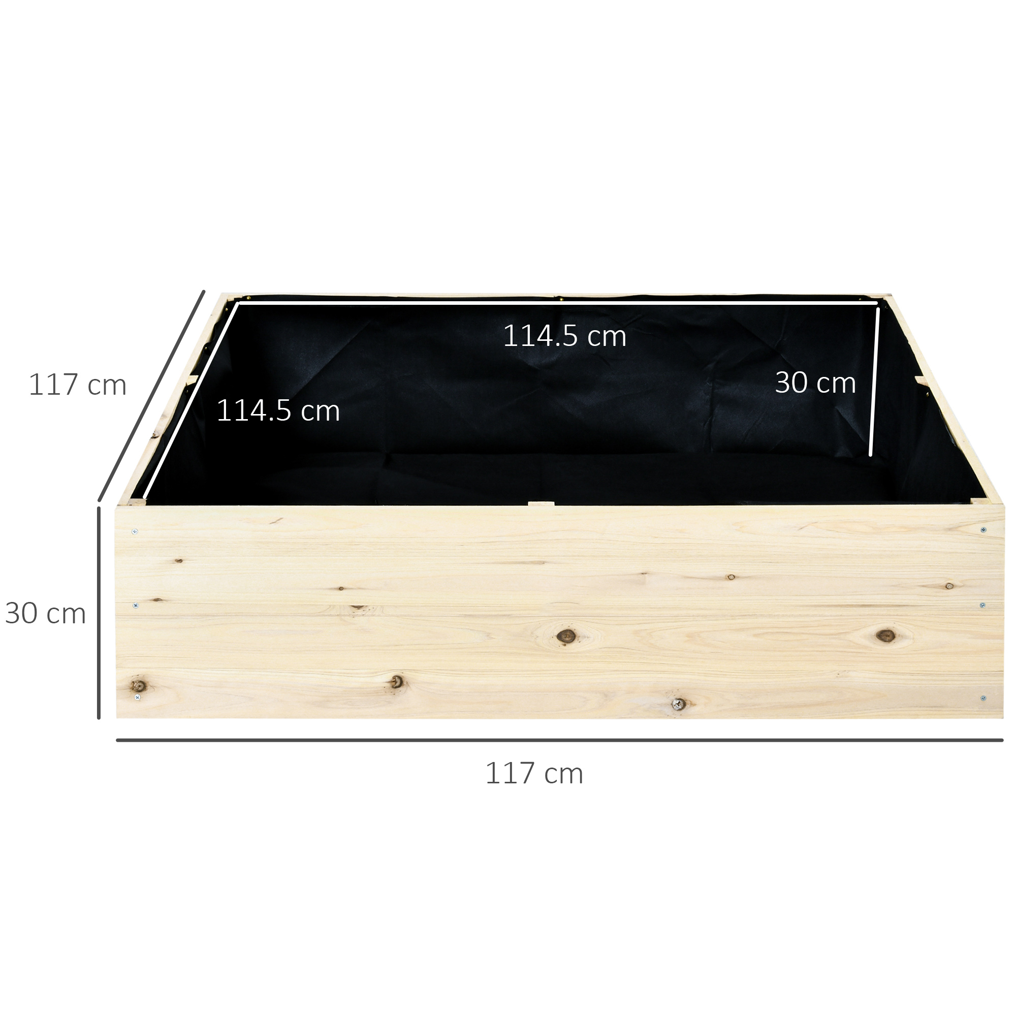 Fioriera in legno con dimensioni, rivestimento nero, sfondo bianco.