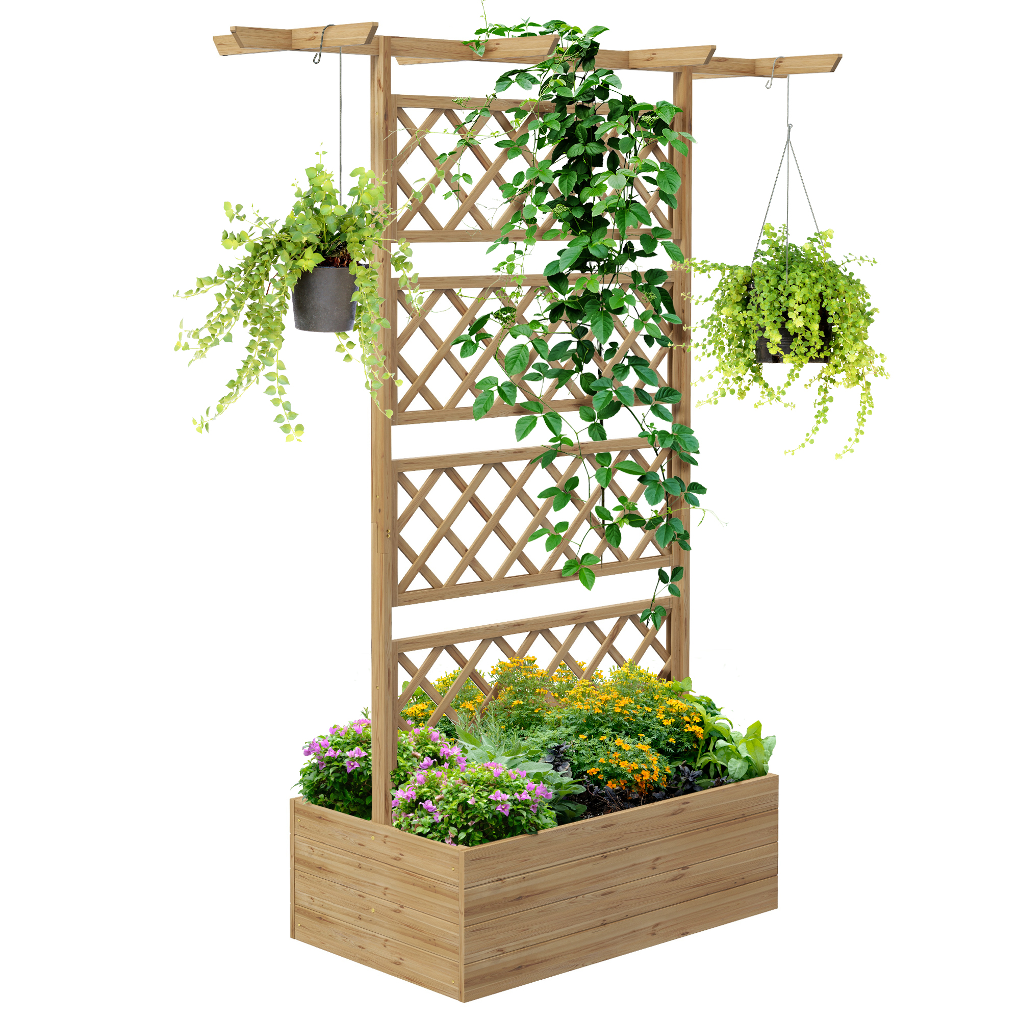 Traliccio in legno con fiori e piante. Piante sospese e fioriera rettangolare.