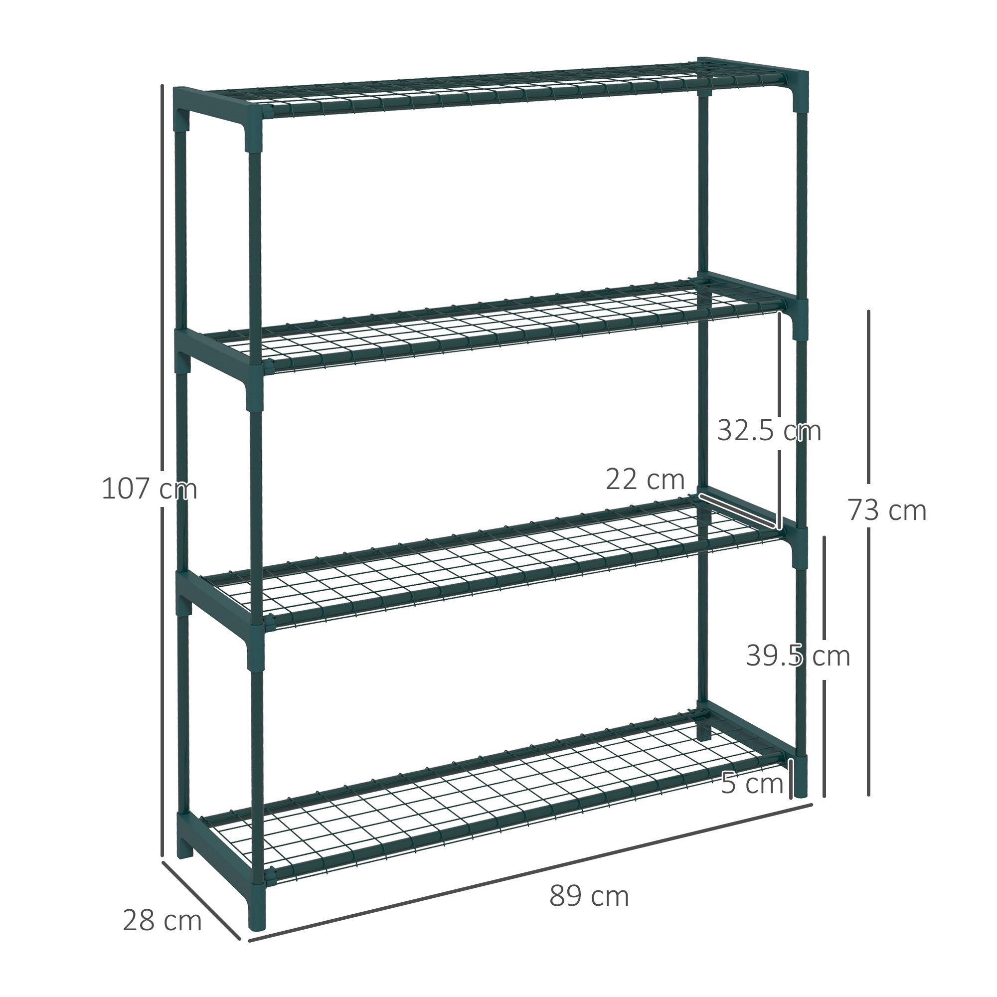 Supporto per piante in metallo con quattro ripiani. Verde scuro, dimensioni indicate.