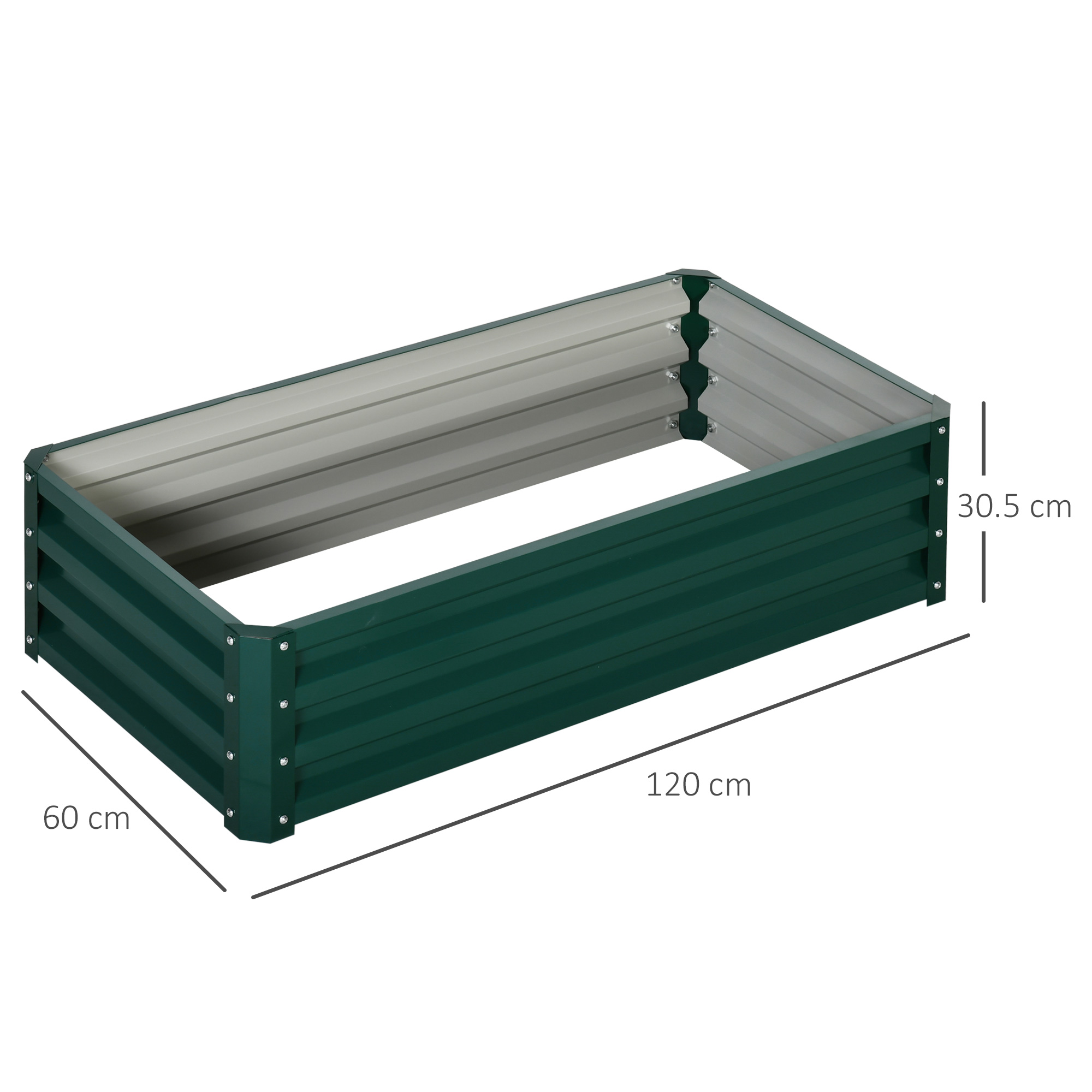 Aiuola rialzata in metallo verde, forma rettangolare. Dimensioni: 120x60x30,5 cm.