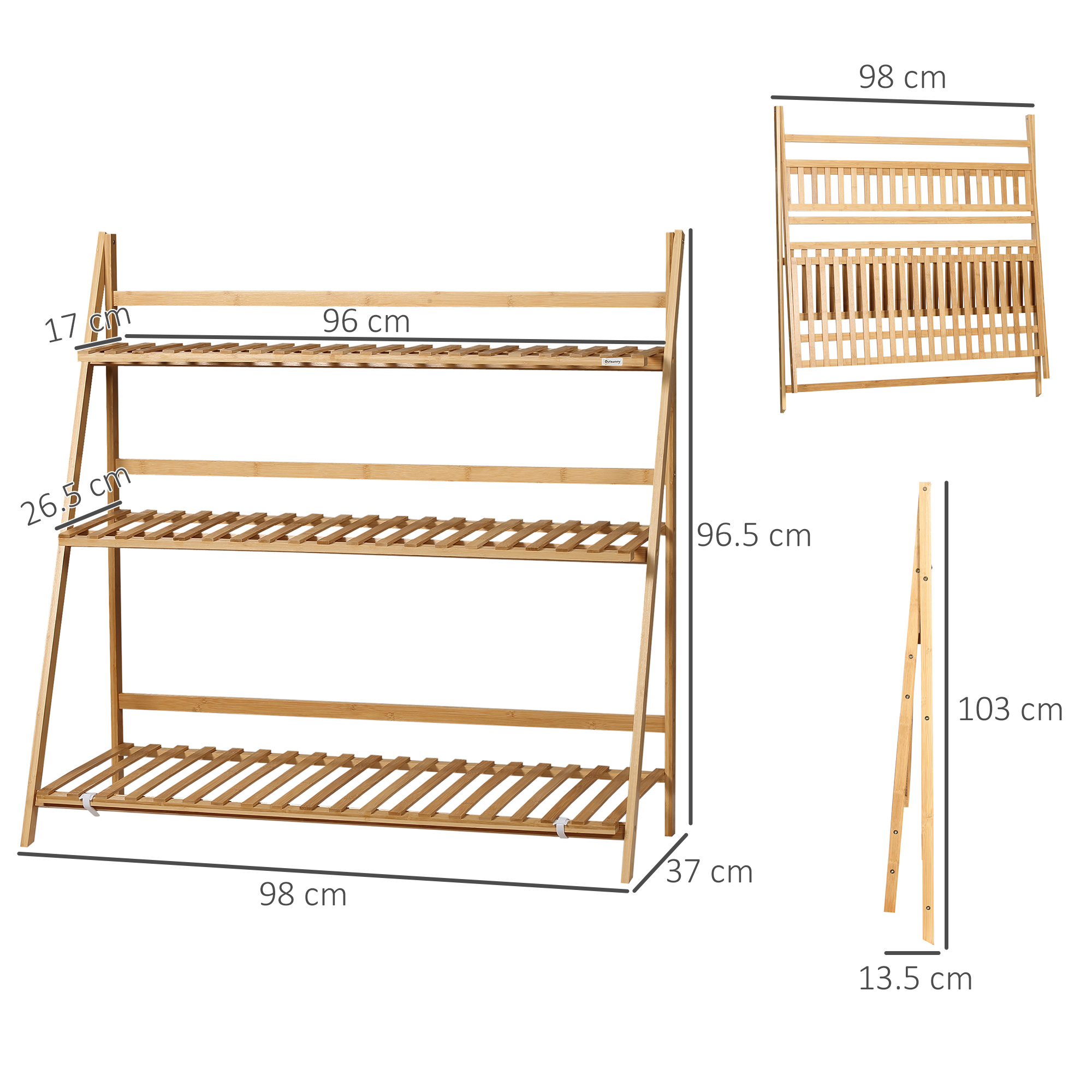 Scaffale in bambù con tre ripiani. Le misure sono etichettate.