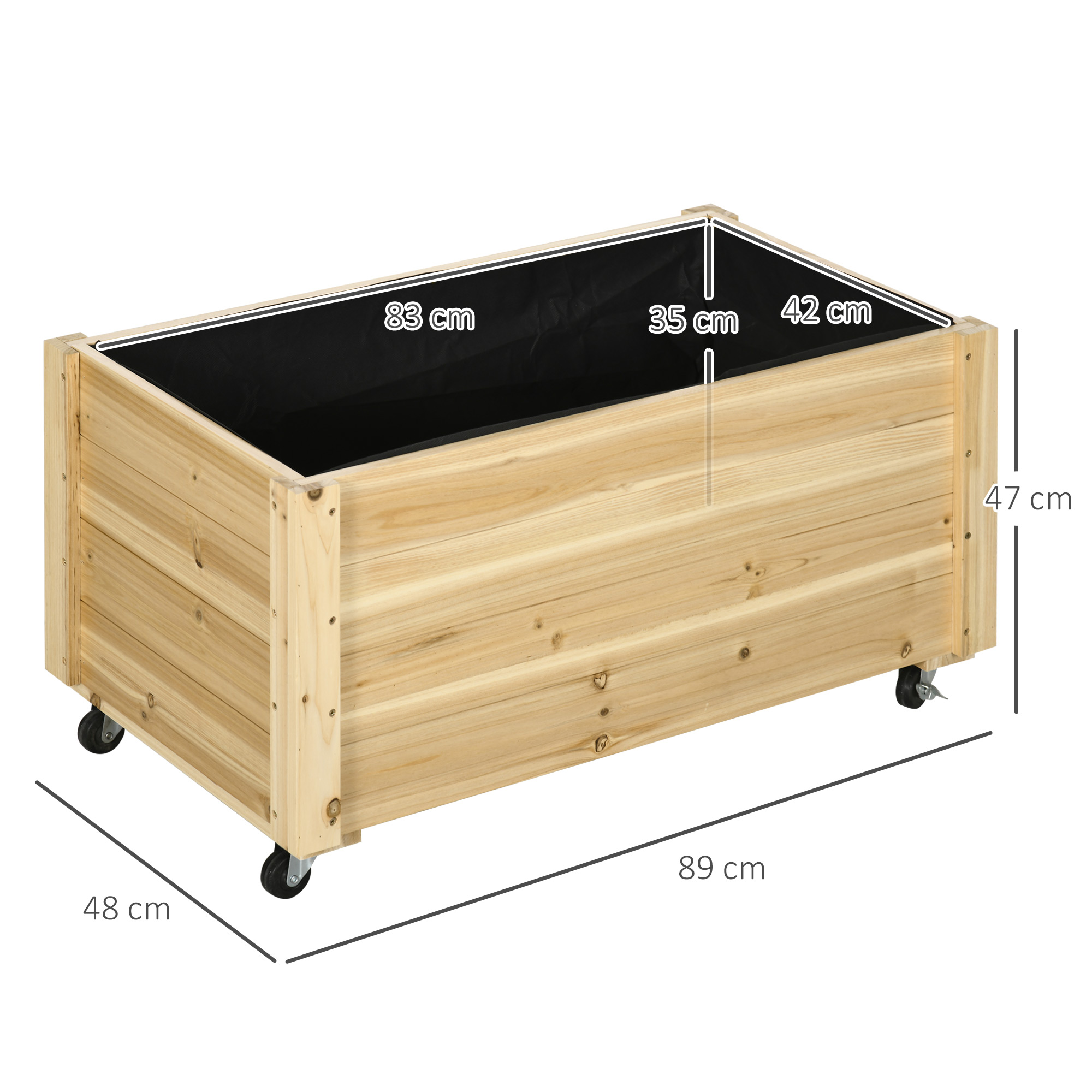 Fioriera rettangolare in legno su ruote, interno nero. Dimensioni: 89x48x47cm, interno 83x35cm.