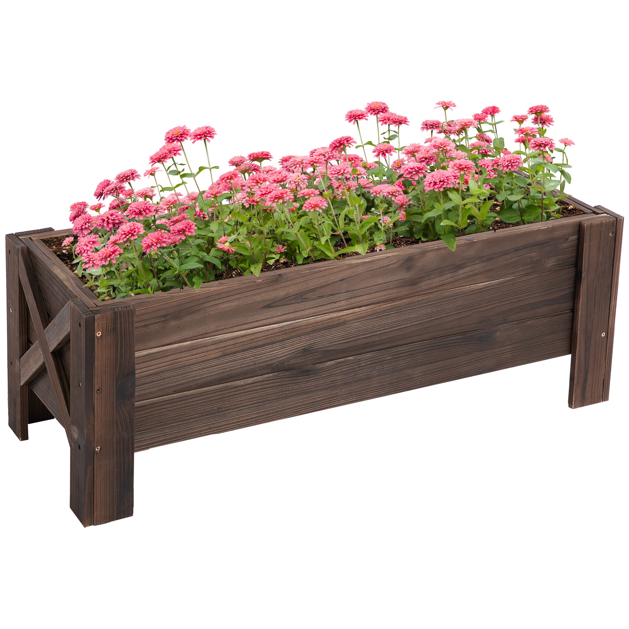 Aiuola rialzata in legno piena di fiori rosa. Sfondo bianco.