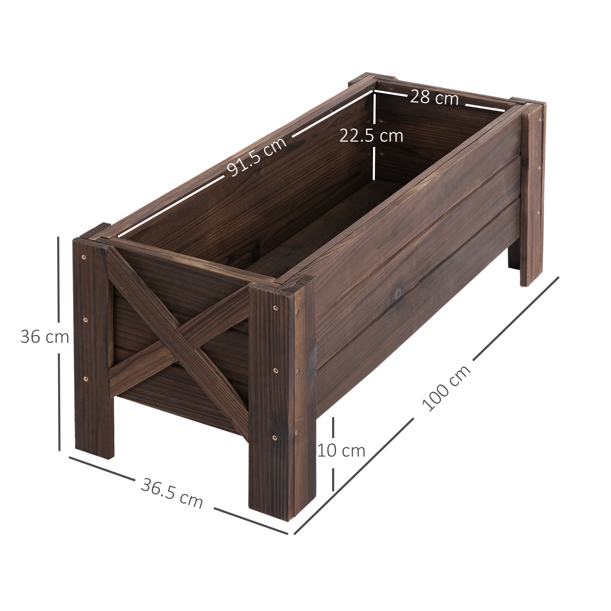 Fioriera in legno con dettaglio a X sui lati. Dimensioni indicate.