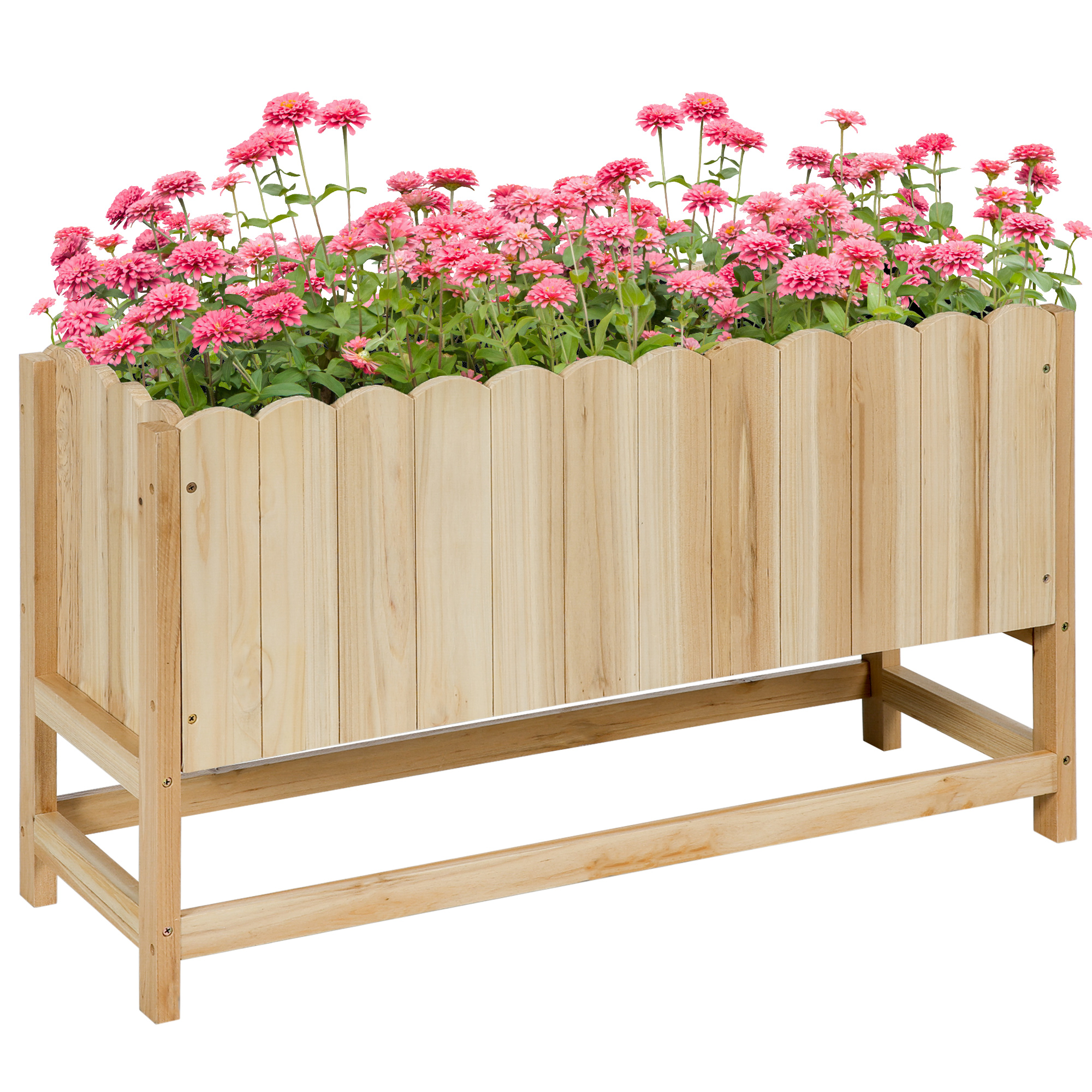 Fioriera in legno con fiori rosa. Sfondo: superficie bianca.