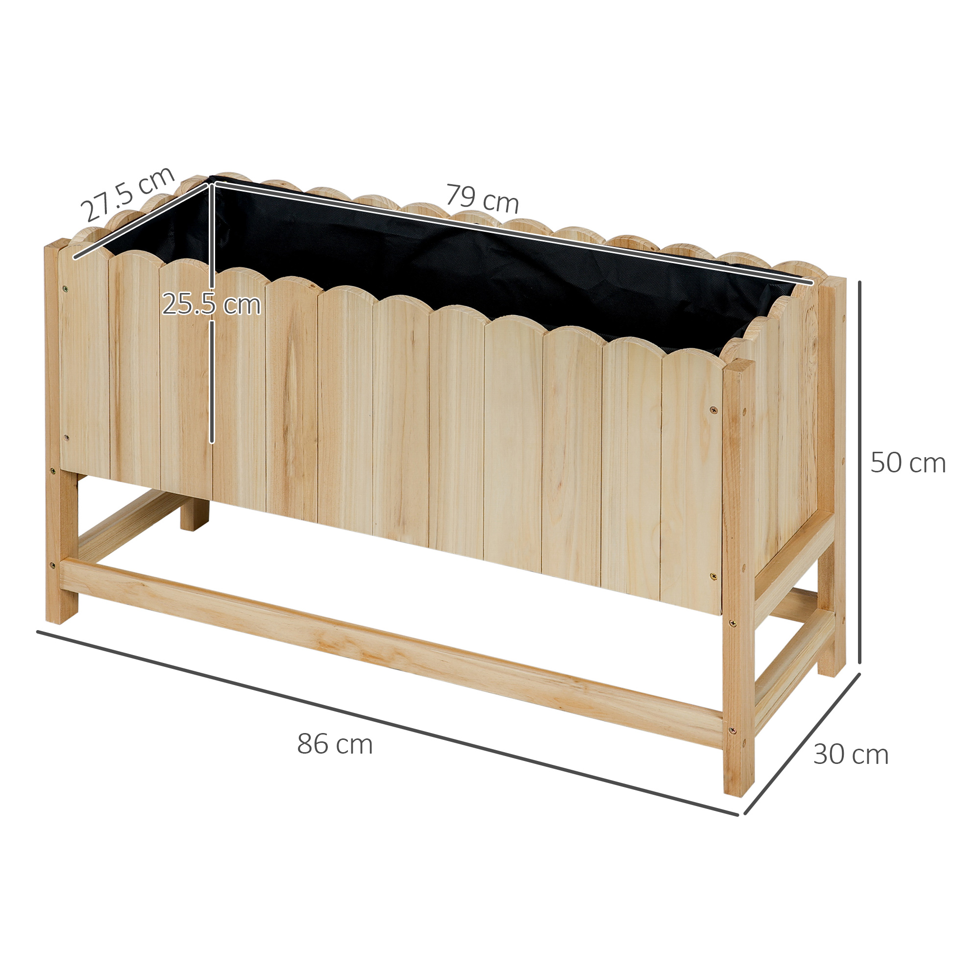 Fioriera in legno con dimensioni. Bordo superiore smerlato, rivestimento nero interno.