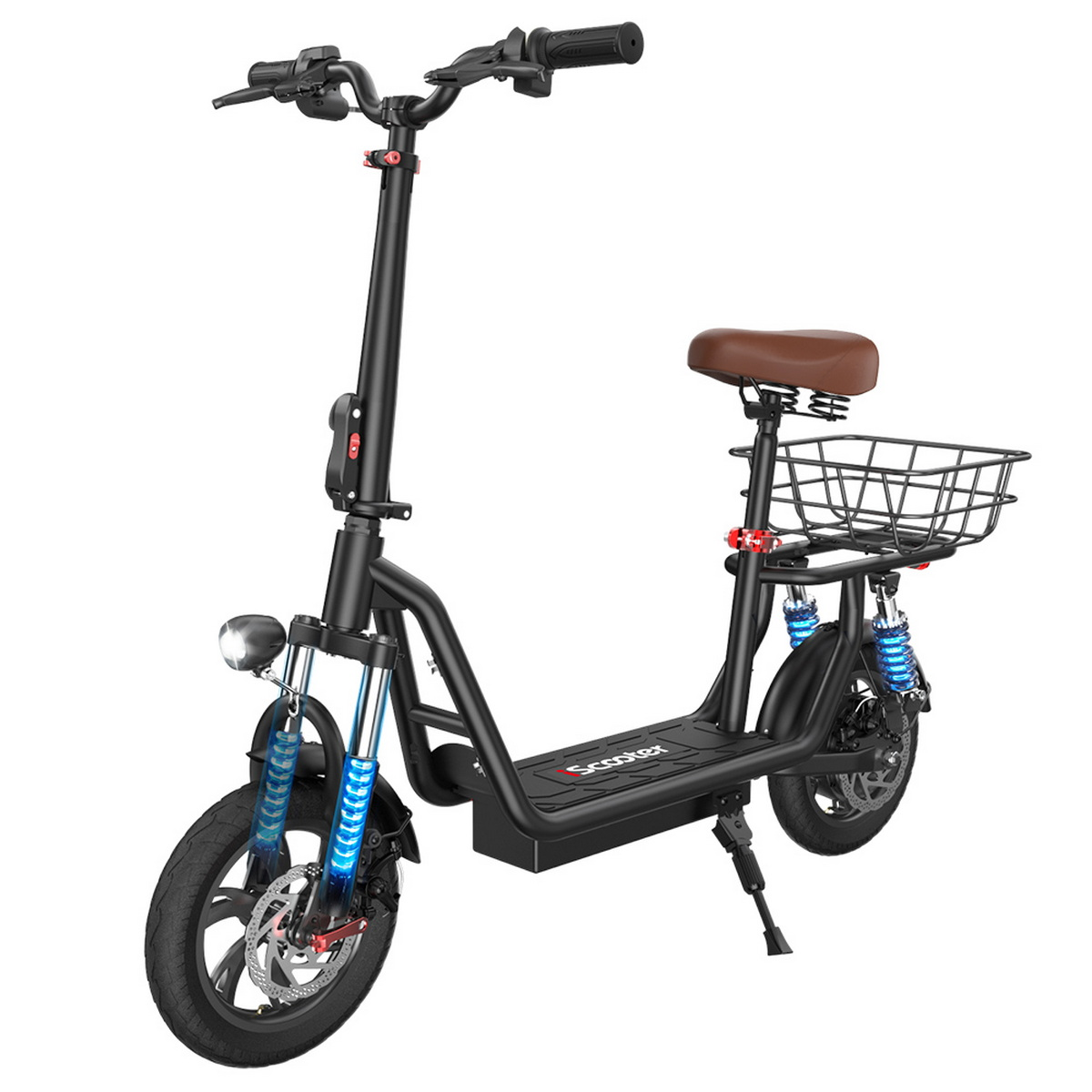 Scooter elettrico nero con sella, cestino e luci. È su sfondo bianco.