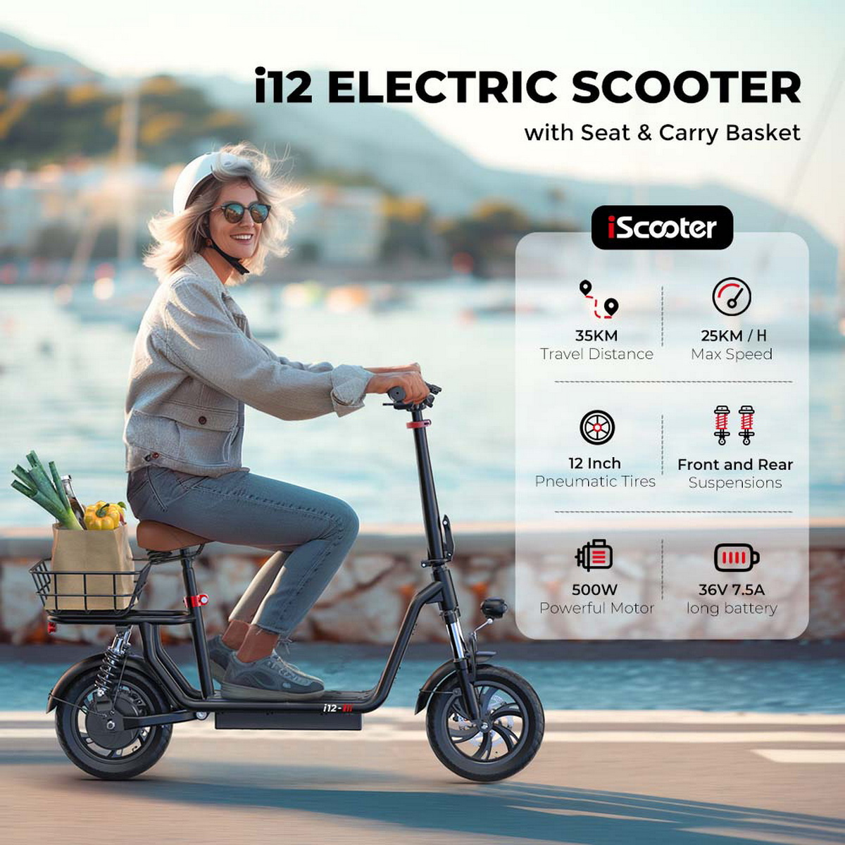 Donna che guida uno scooter elettrico con un cestino. Mostra distanza, velocità, pneumatici, motore e batteria.