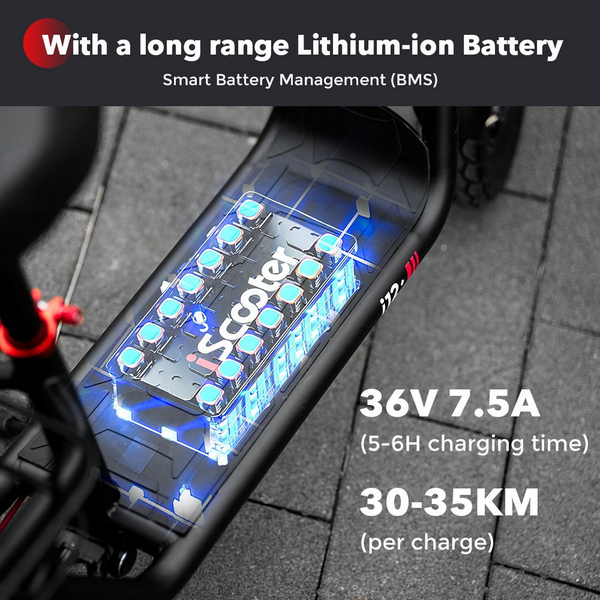 Pacco batteria dello scooter elettrico, che mostra celle e specifiche: 36V 7,5A e autonomia 30-35KM.
