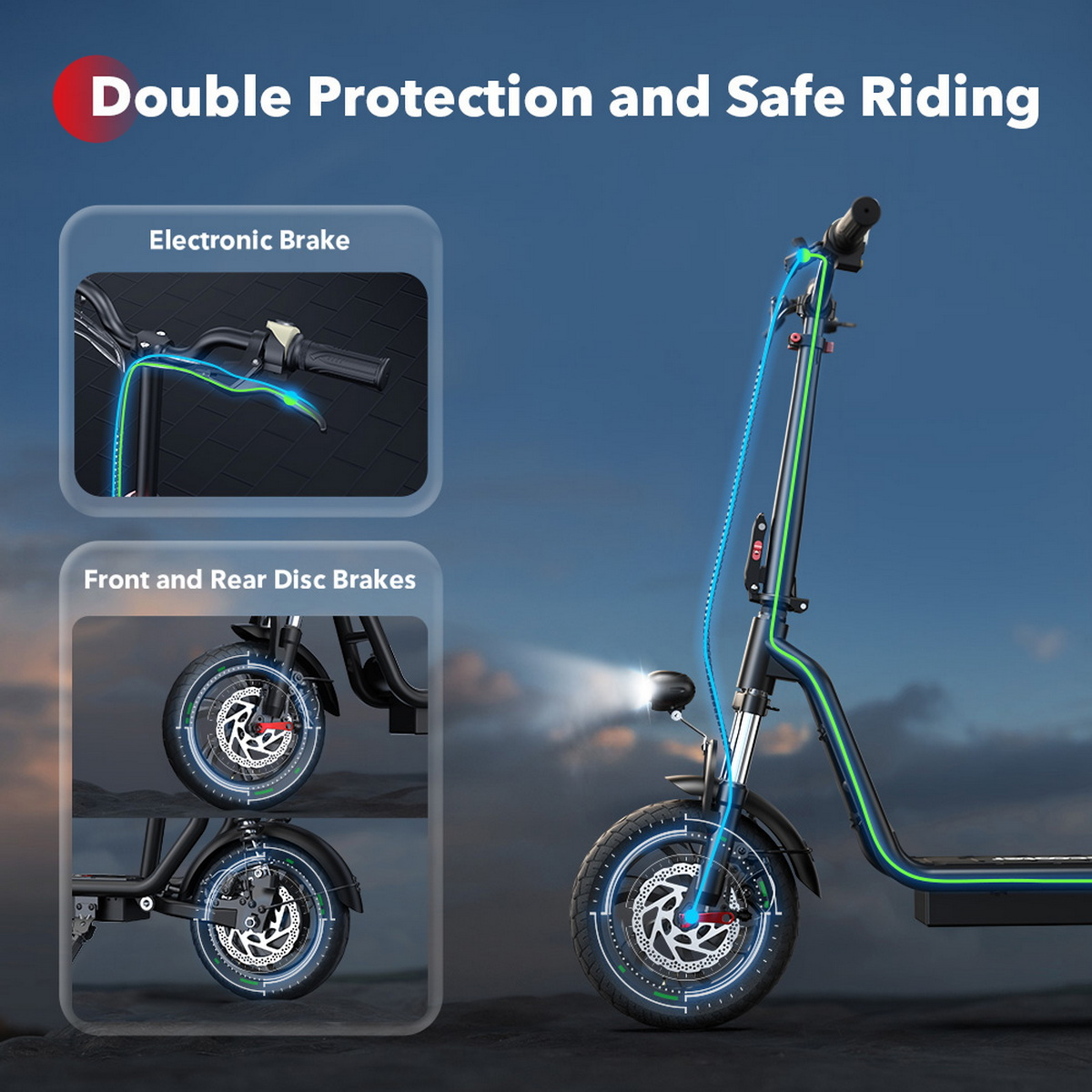 Diagramma di uno scooter elettrico con dettagli del sistema frenante. Lo scooter è nero e blu con linee blu.