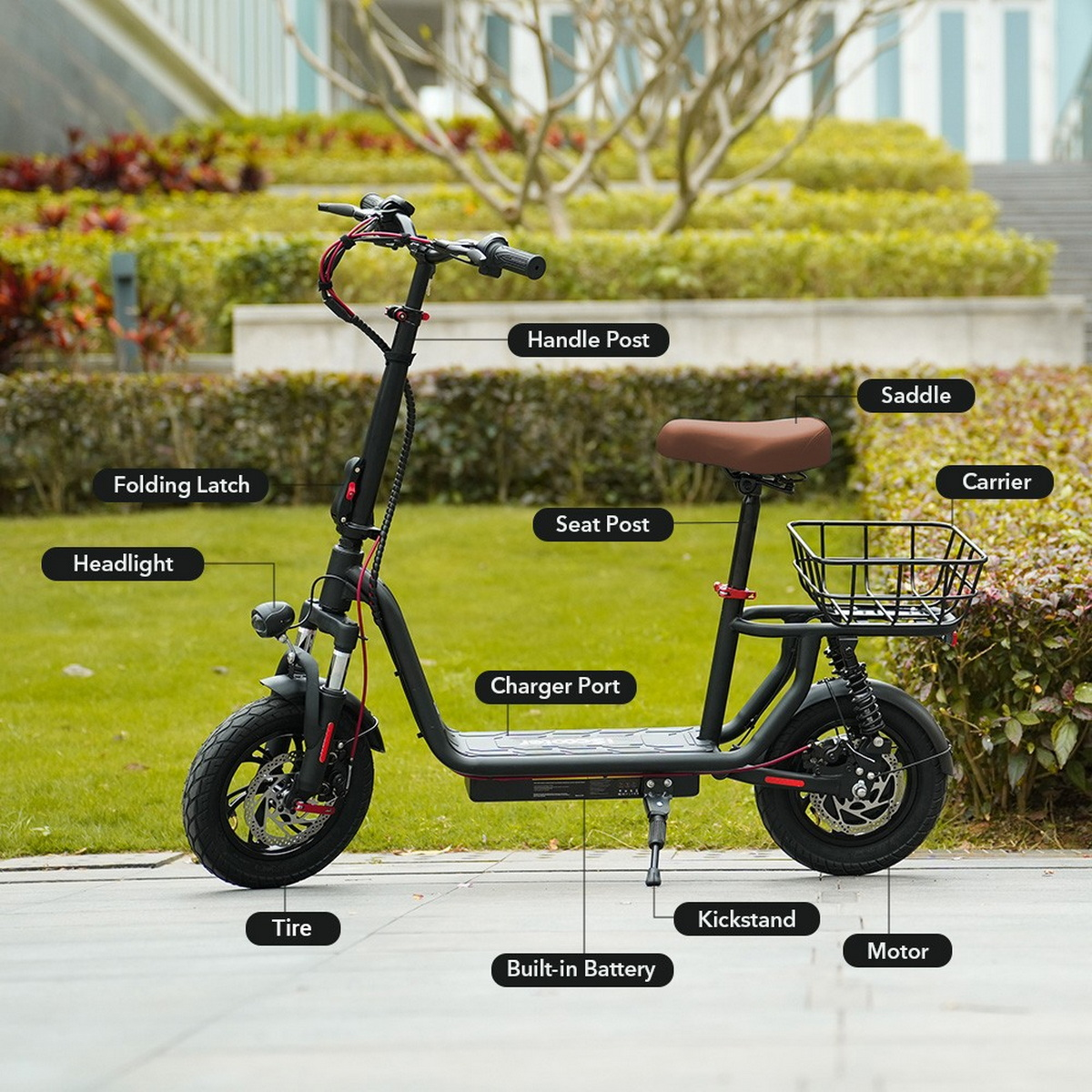 Scooter elettrico nero con parti etichettate, tra cui sella e motore.