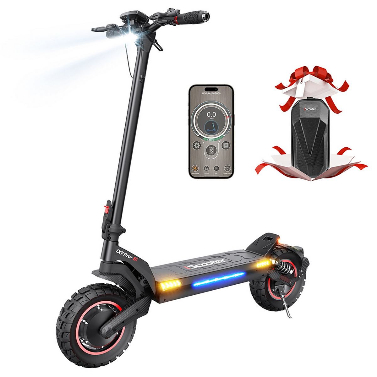 Un monopattino elettrico nero con luci, un telefono e una confezione regalo. Lo scooter ha pneumatici rossi.