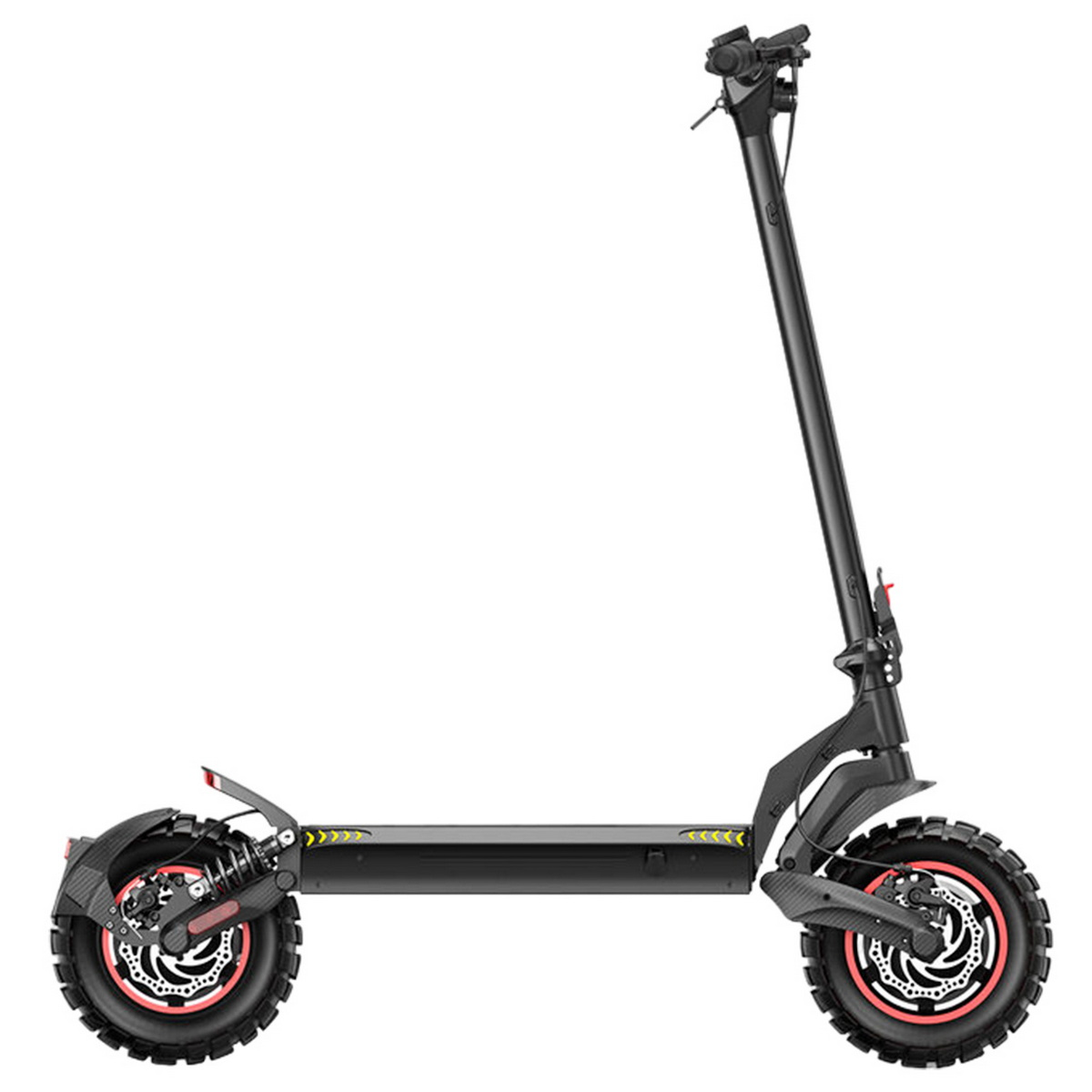 Scooter elettrico nero con ruote rosse, vista laterale, sfondo bianco.