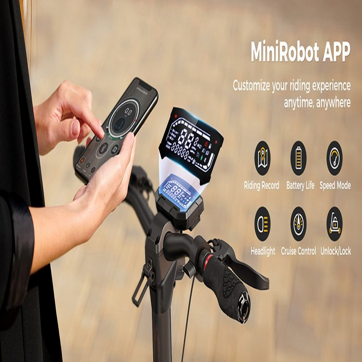 Persona che utilizza uno smartphone e un display intelligente sul manubrio di uno scooter, mostrando dati.