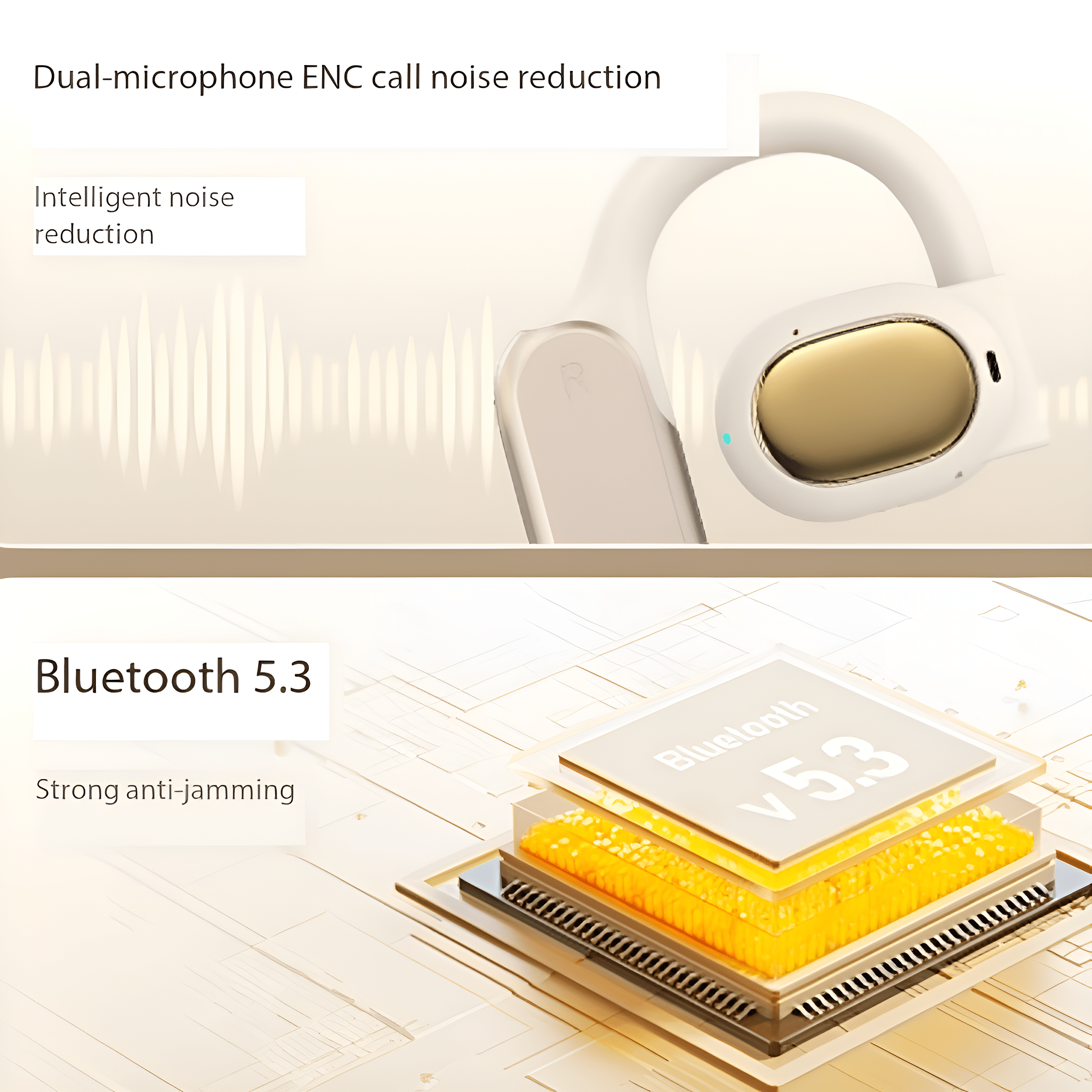Weiße und goldene Kopfhörer-Komponenten mit Text zu Rauschunterdrückung und Bluetooth.