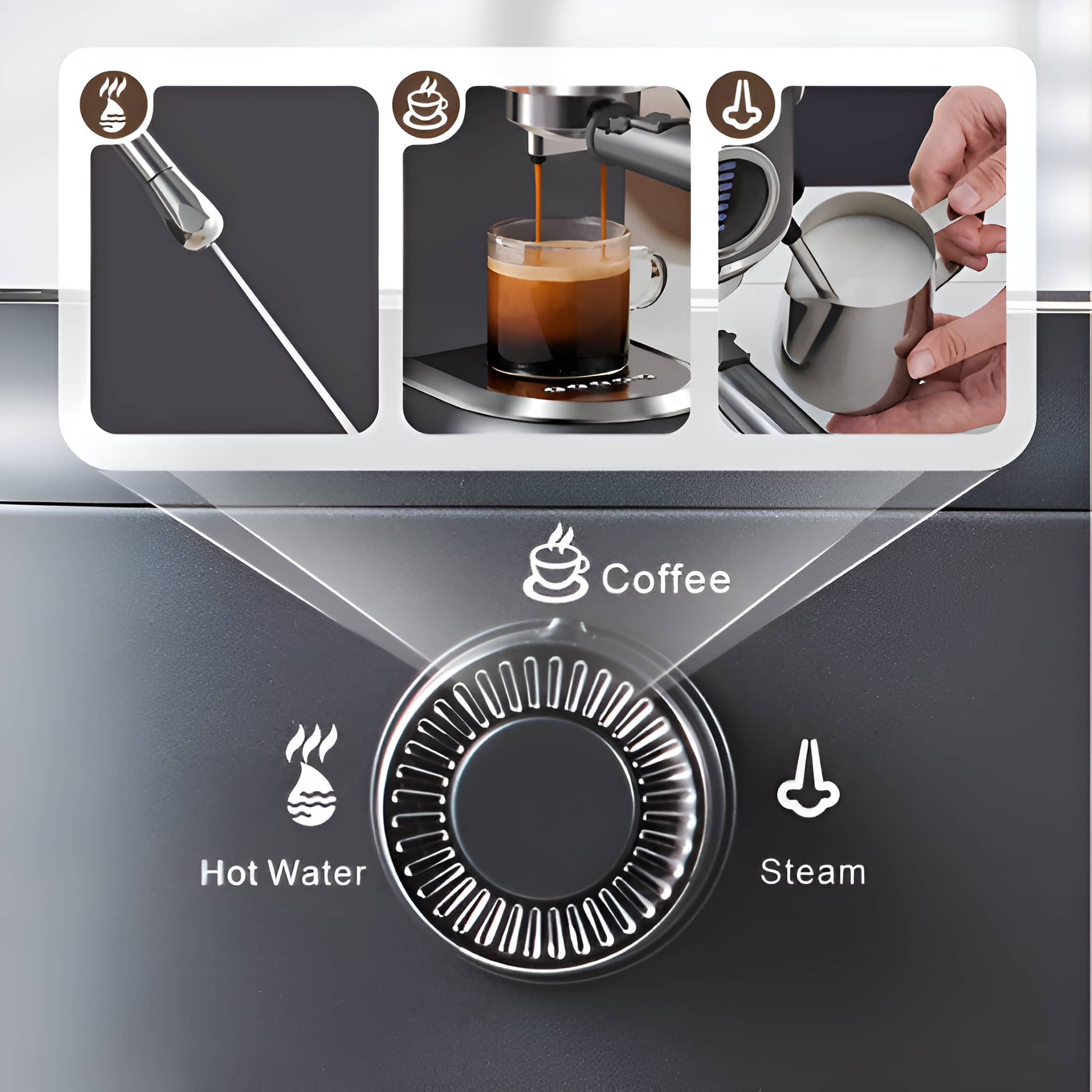 Kaffeemaschine mit Drehknopf, Bilder für Kaffee, Dampf, heißes Wasser.