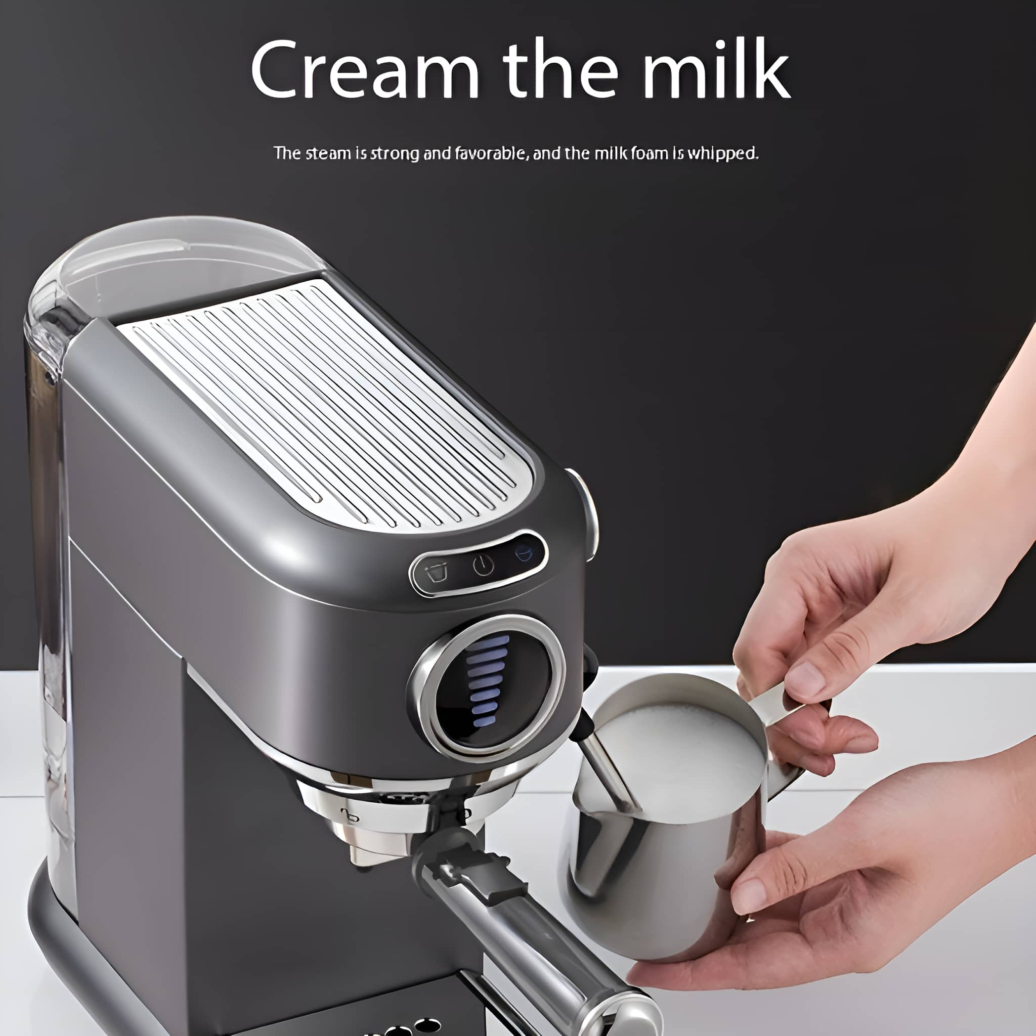 Espressomaschine mit Hand, die Milchkanne hält. Text: „Cream the milk“.