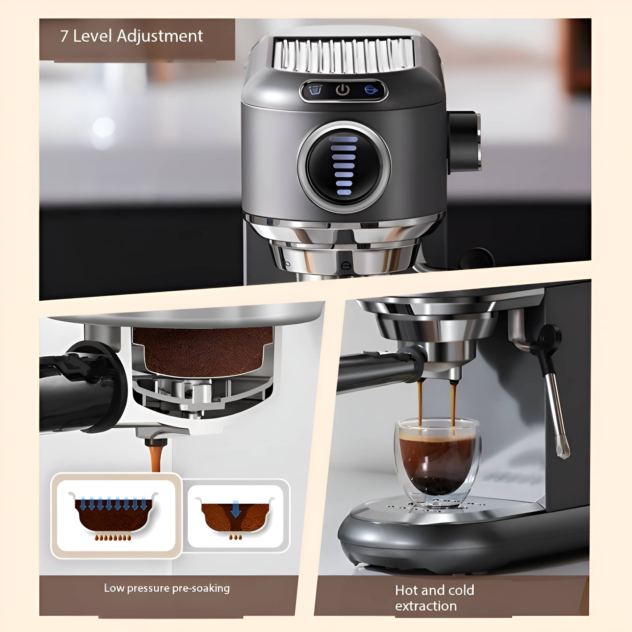 Espressomaschine mit Digitalanzeige, Kaffeeextraktion und Abbildungen des Vorbrühvorgangs. Schwarze Maschine.