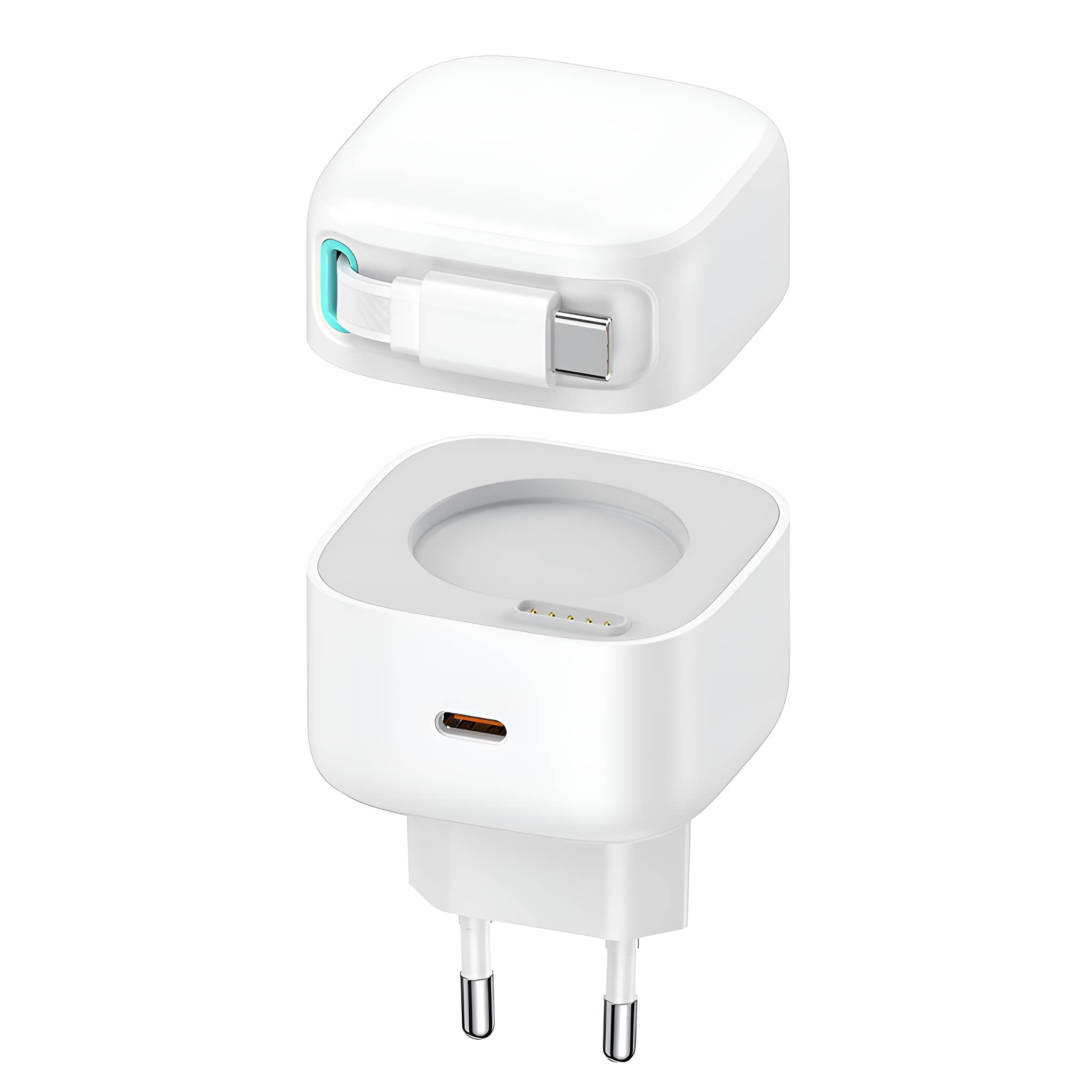 Weißes würfelförmiges Ladegerät mit USB-C-Anschluss und Stecker für die Steckdose.