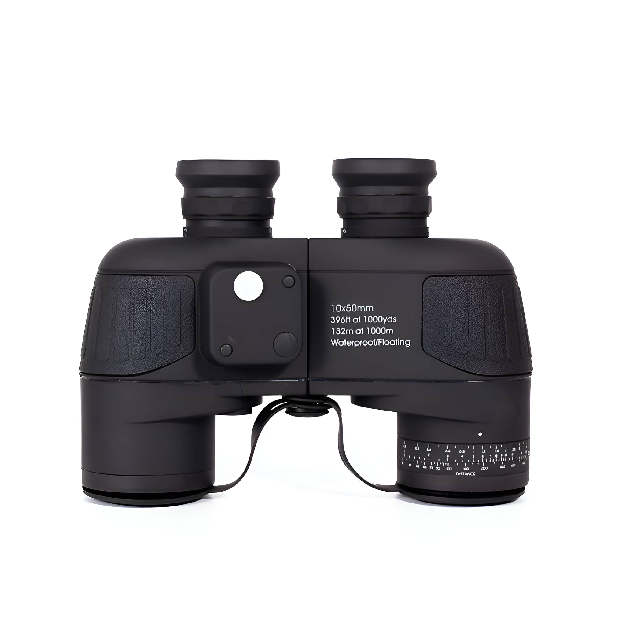Schwarzes Fernglas mit weißem Text. Der Text enthält Spezifikationen. Sie sind auf weißem Hintergrund.