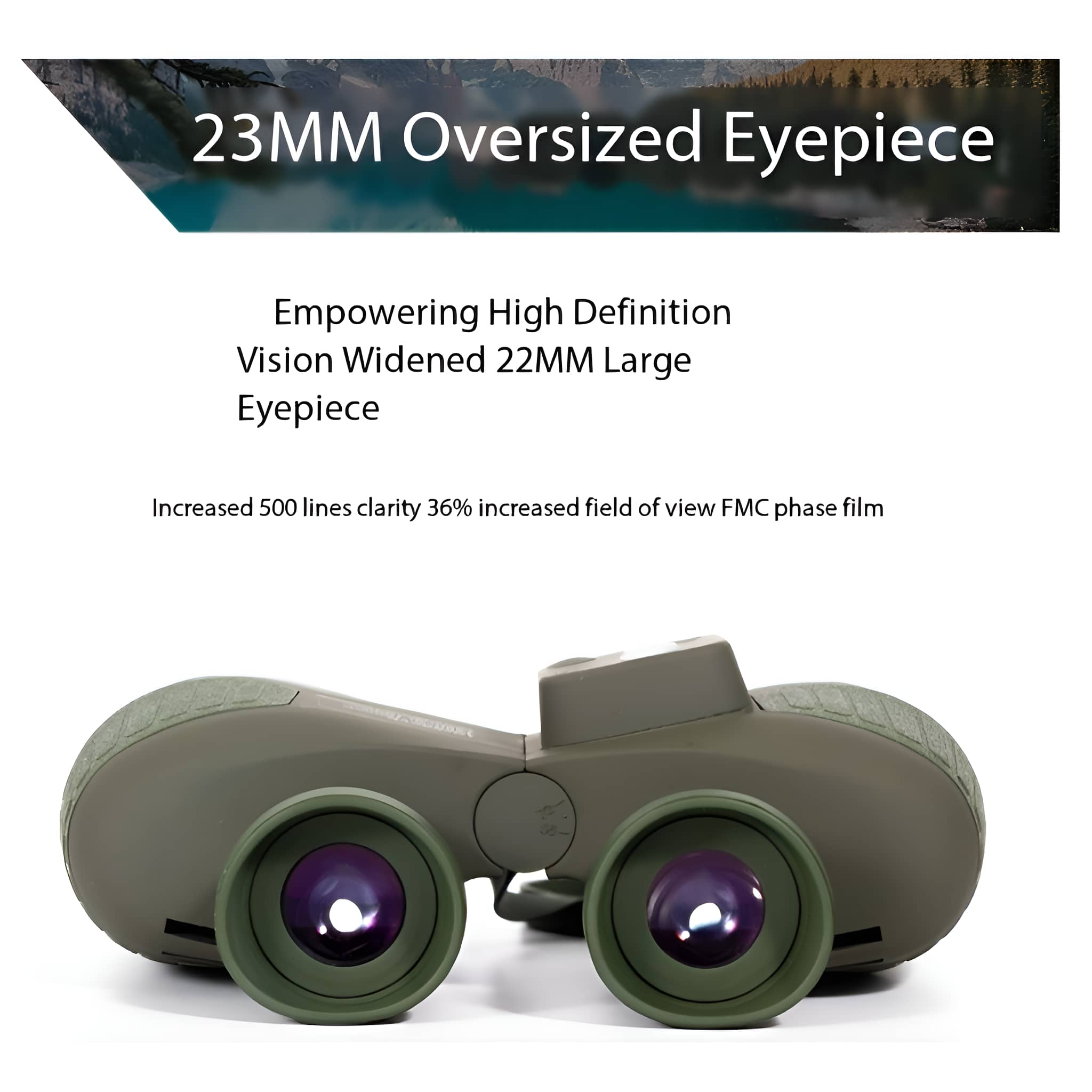Fernglas mit Text, der das 23-mm-Oversized-Okular erklärt, auf weißem Hintergrund.