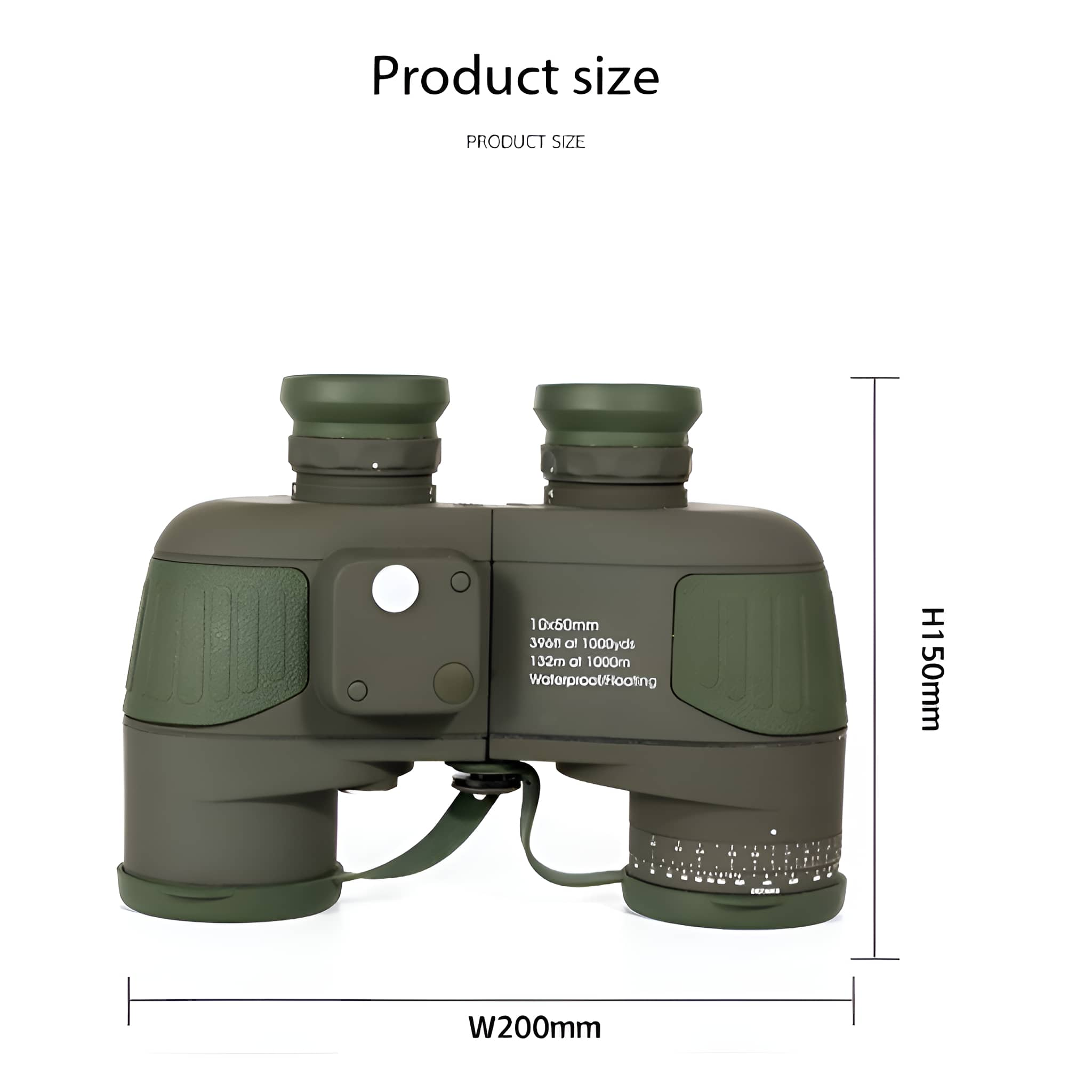 Ein Paar grüner Ferngläser mit Markierungen. Der Text "Produktgröße" steht darüber.