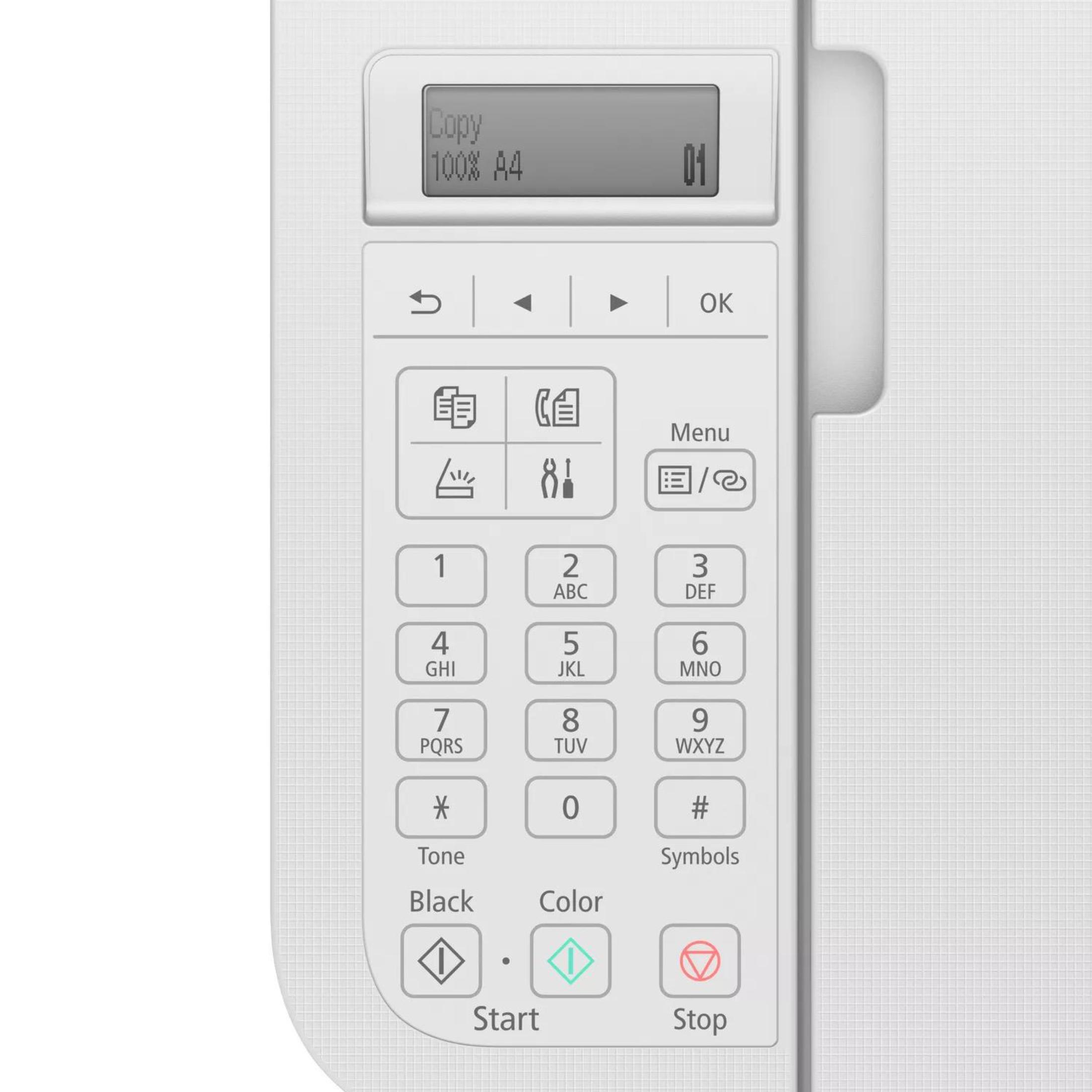 Biały panel sterowania drukarki z przyciskami i małym wyświetlaczem pokazującym ustawienia kopiowania.