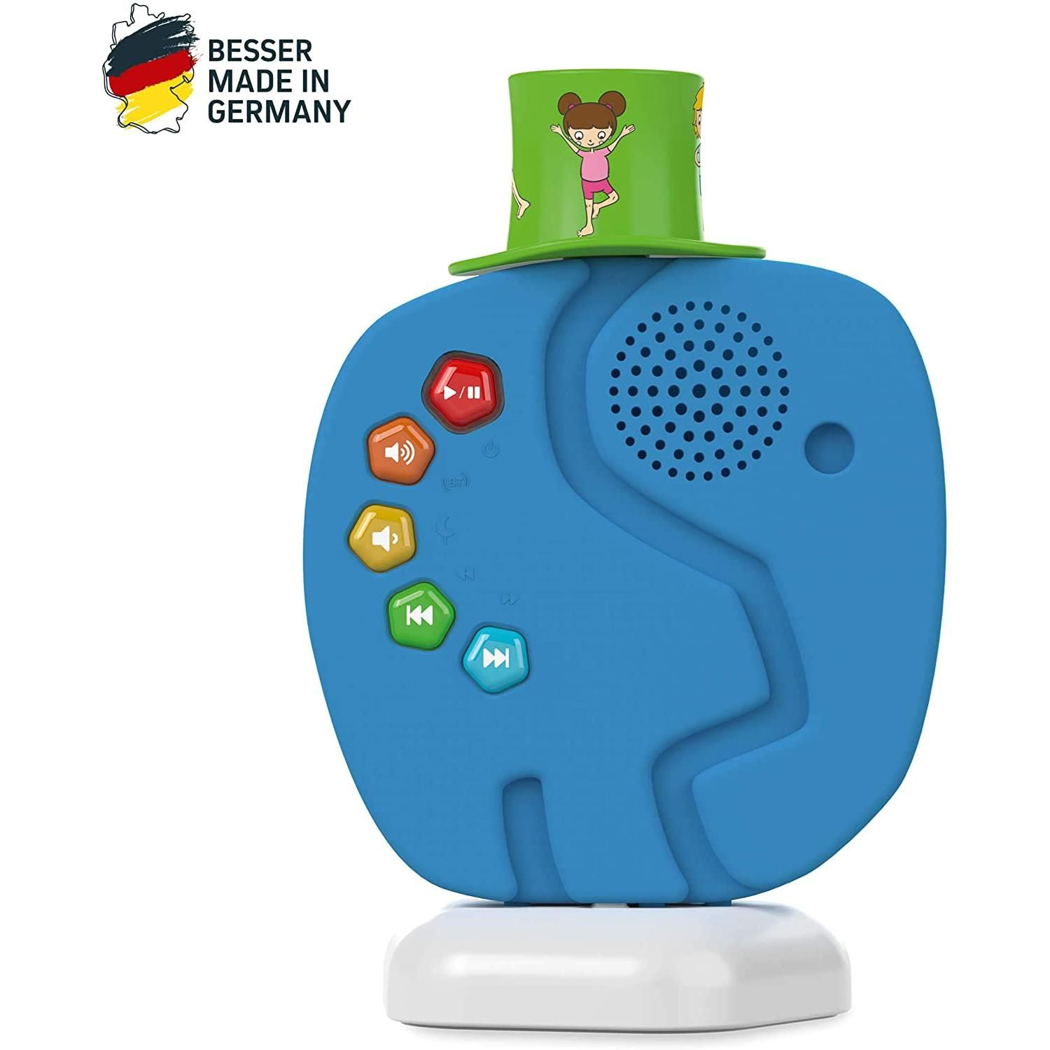 Blaues elefantförmiges Spielzeug mit Knöpfen und grünem Hut. Der Text 'BESSER MADE IN GERMANY' ist sichtbar.