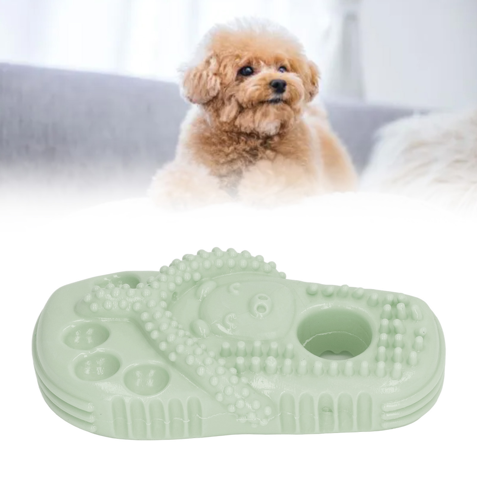 Ein hellgrünes Hundespielzeug in Form einer Sandale mit strukturierten Oberflächen.