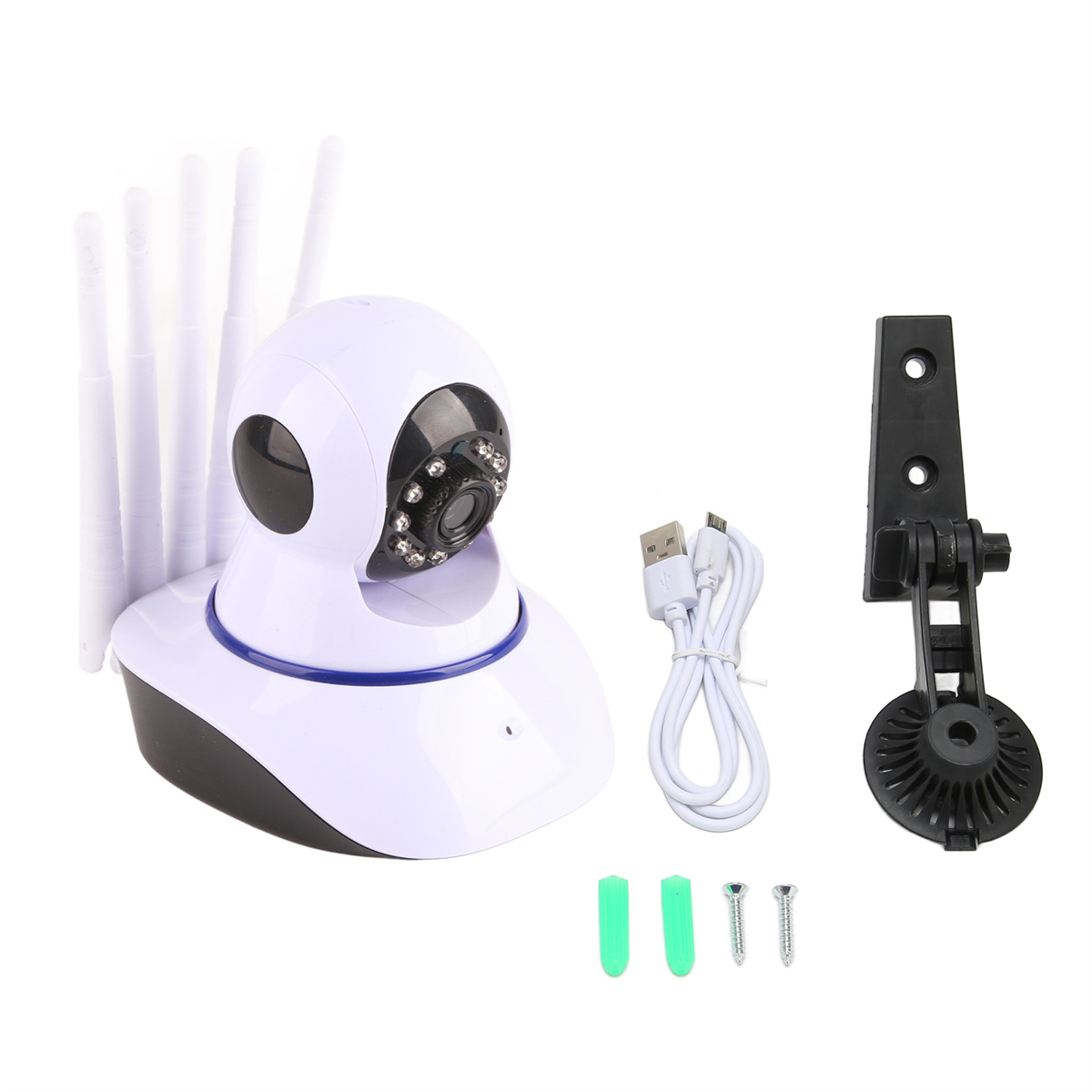 Weiße Überwachungskamera mit Antennen, einem USB-Kabel und einer Halterung.