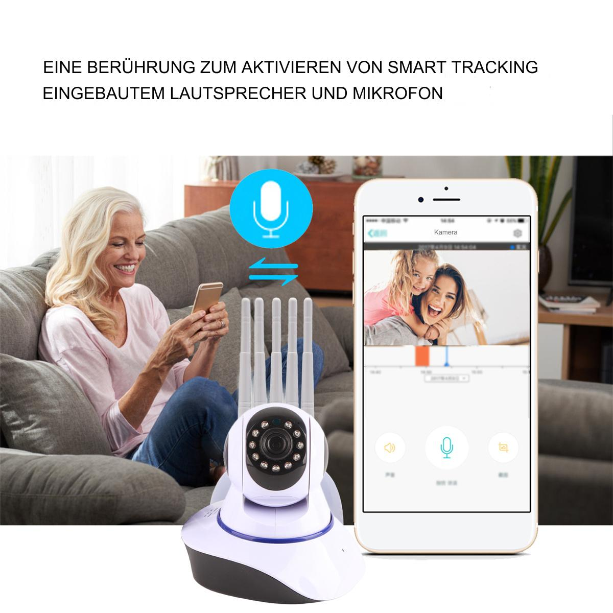 Frau benutzt Telefon, Heimsicherheitskamera mit Telefonbildschirm, der zwei lächelnde Mädchen zeigt.