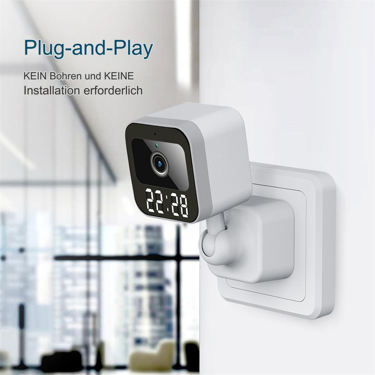 Weiße Plug-in-Überwachungskamera mit Digitaluhr.