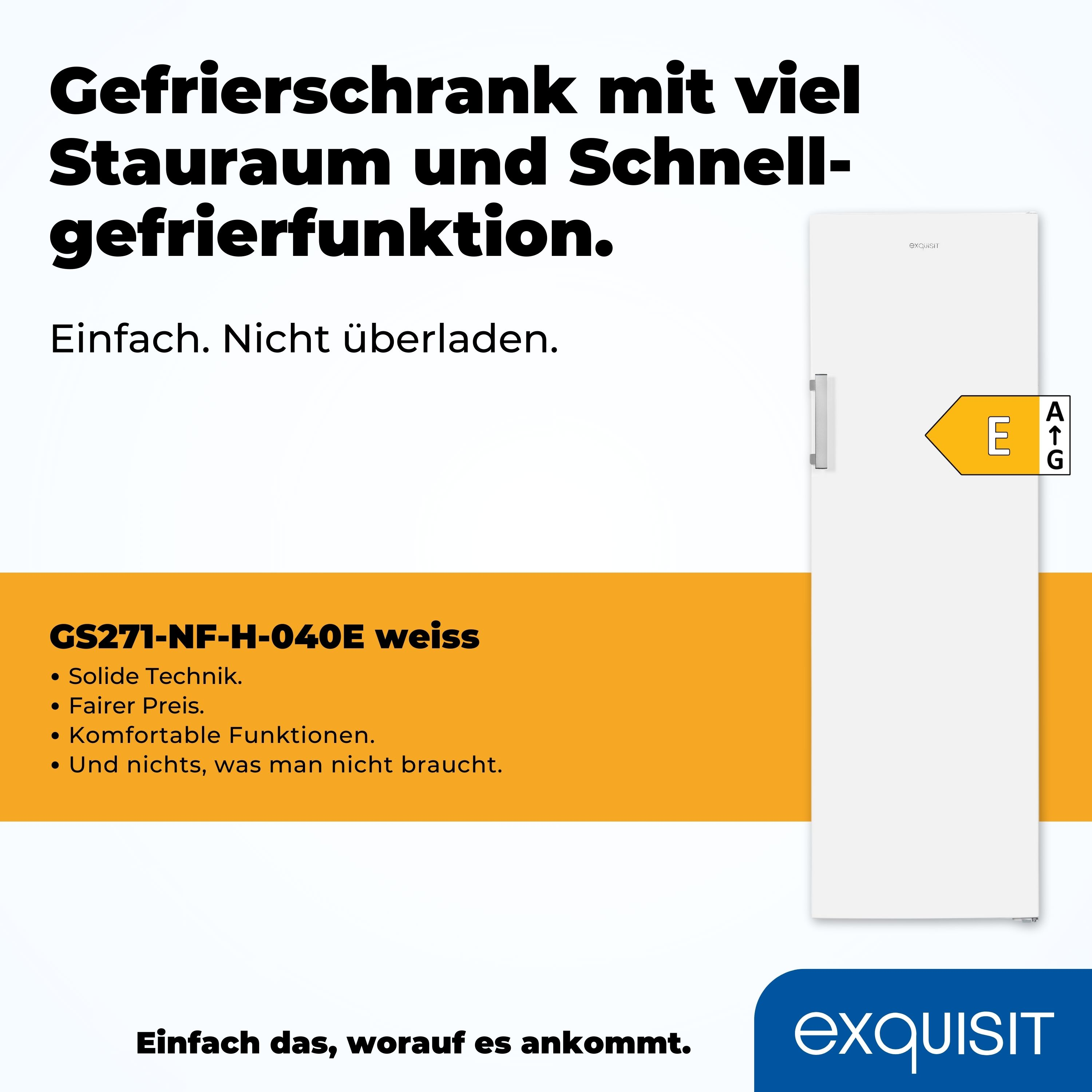 Weißer Kühlschrank mit Energielabel und Text auf gelbem Hintergrund.