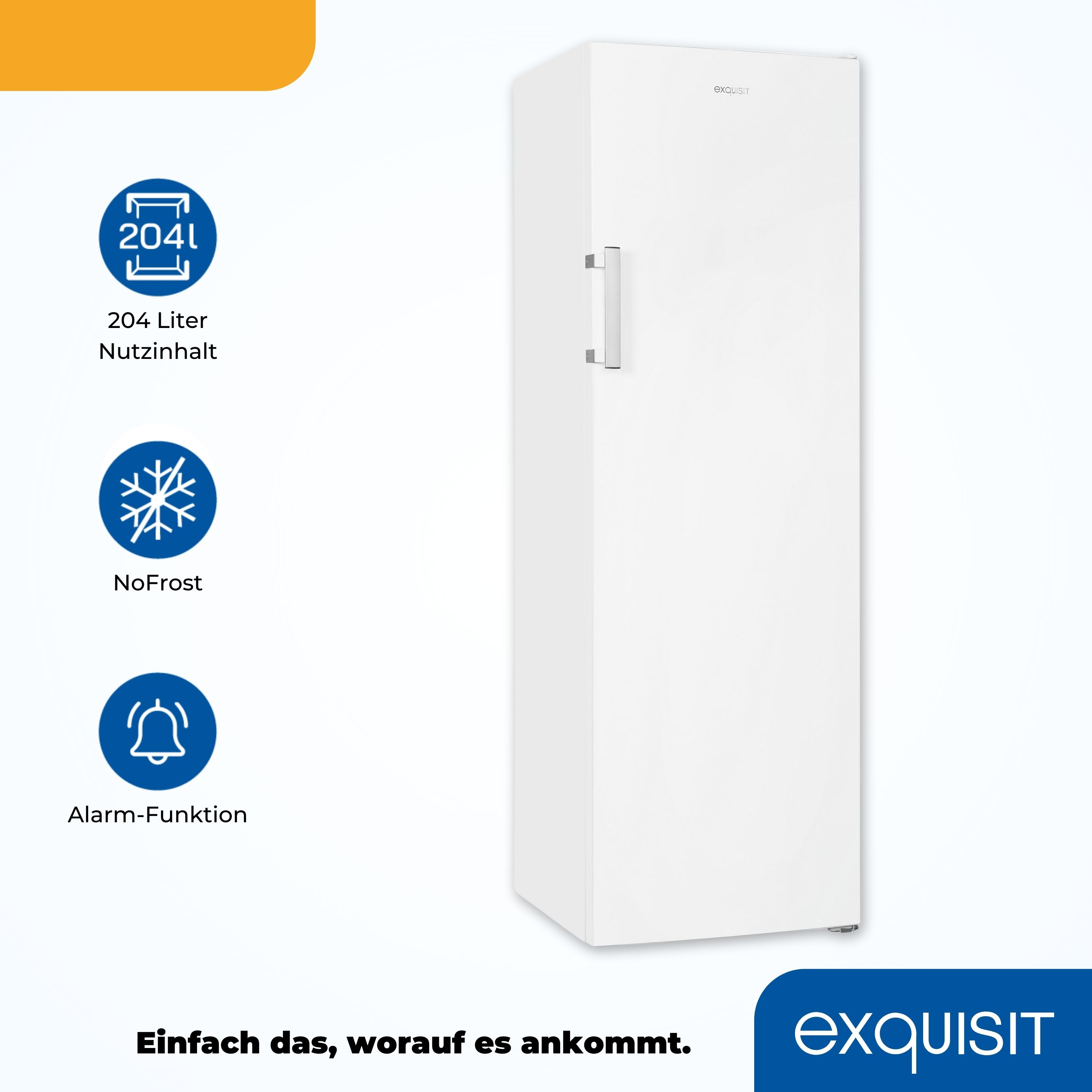 Ein weißer, aufrechter Gefrierschrank mit Textetiketten. Die Etiketten lauten 204L, NoFrost und Alarm-Funktion.