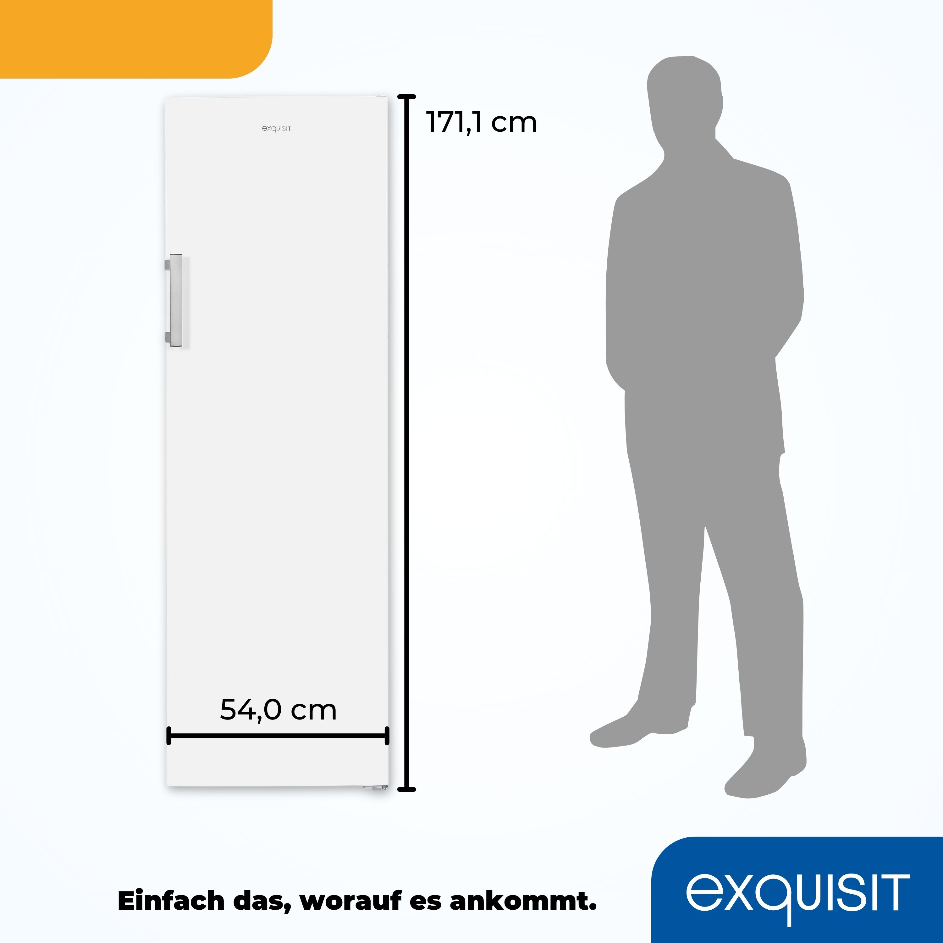 Ein hoher, weißer Kühlschrank mit Maßen und einer Personensilhouette zum Maßstab.