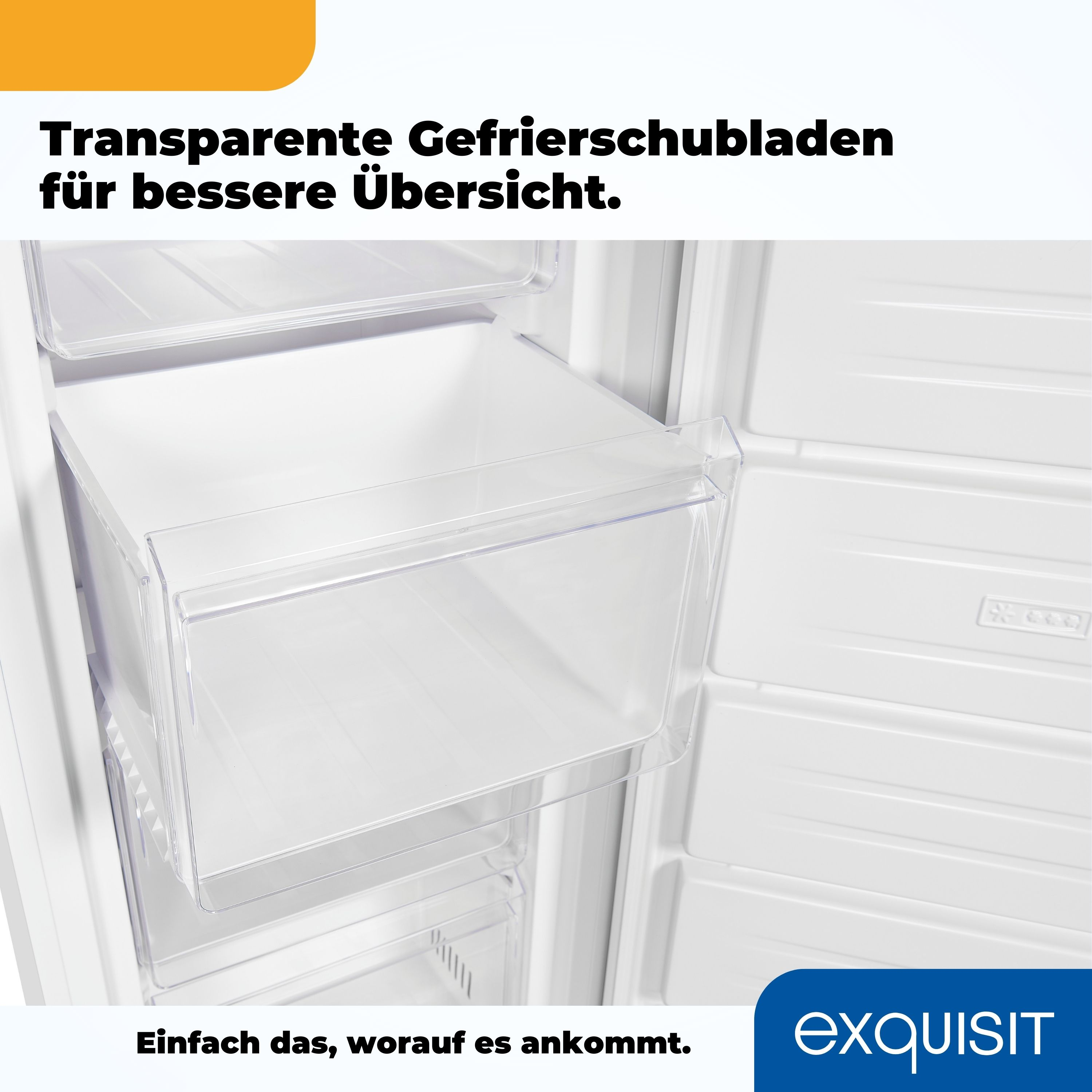 Eine transparente Gefrierschublade ist geöffnet und gibt den weißen Raum in einem weißen Kühlschrank mit Text frei.