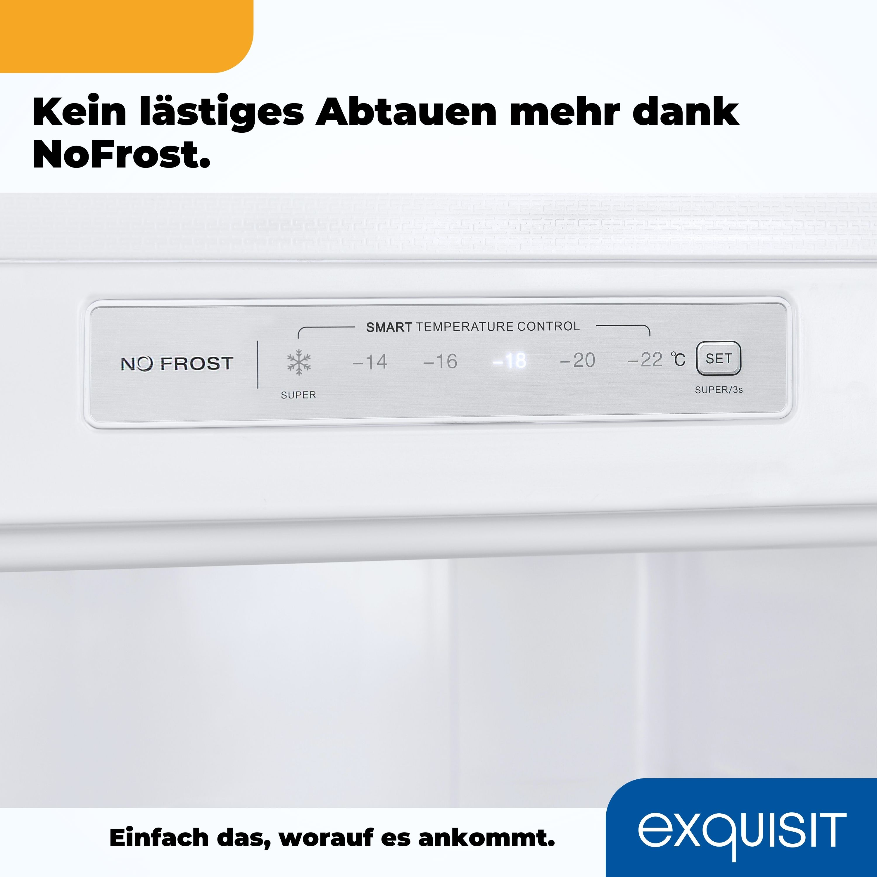 Weißes Kühlschrankpanel mit Temperaturregelung. Text auf Deutsch. Gelb-blauer Hintergrund.