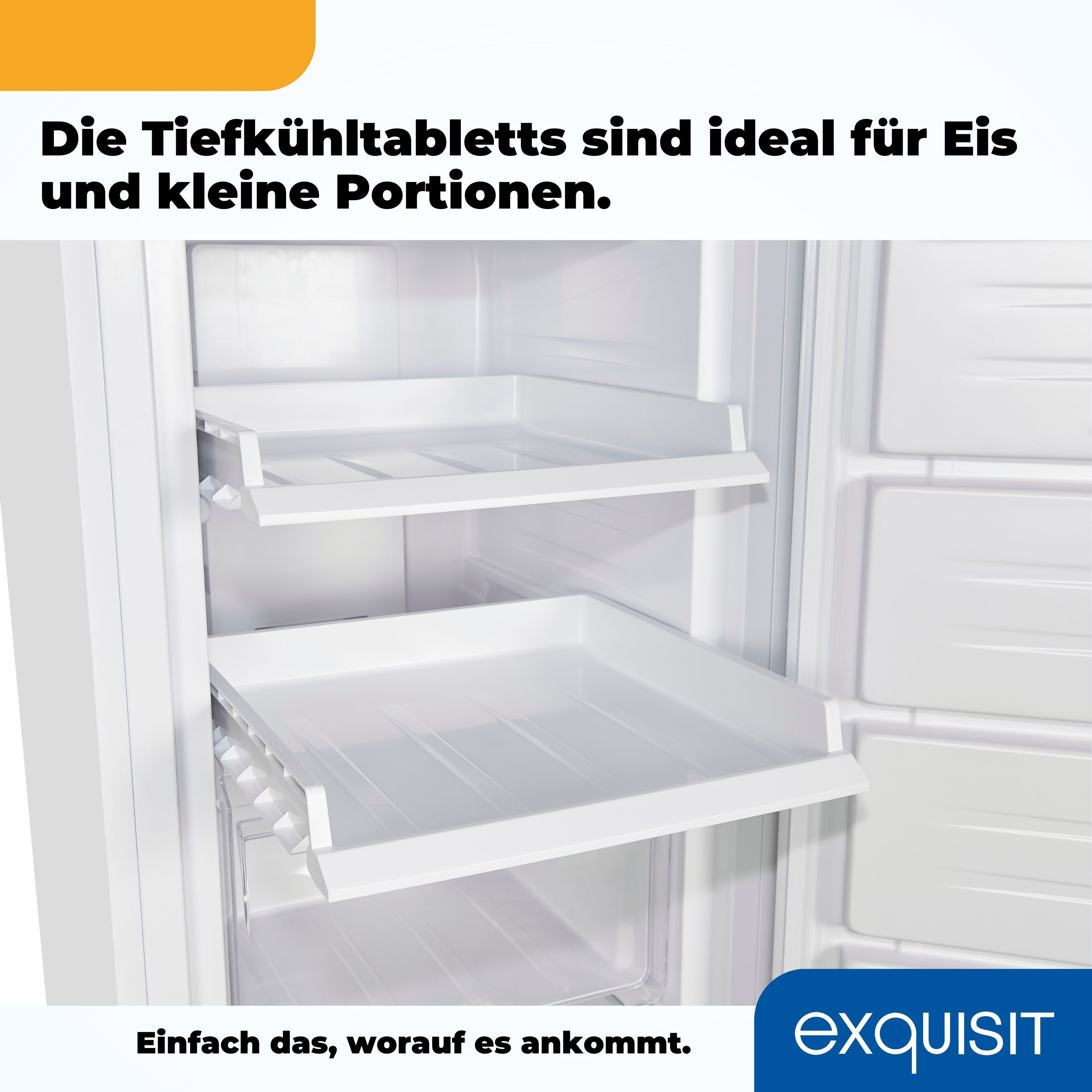 Weißer Kühlschrankinnenraum mit zwei Regalen. Text: Die Tiefkühltabletts sind ideal für Eis und kleine Portionen.
