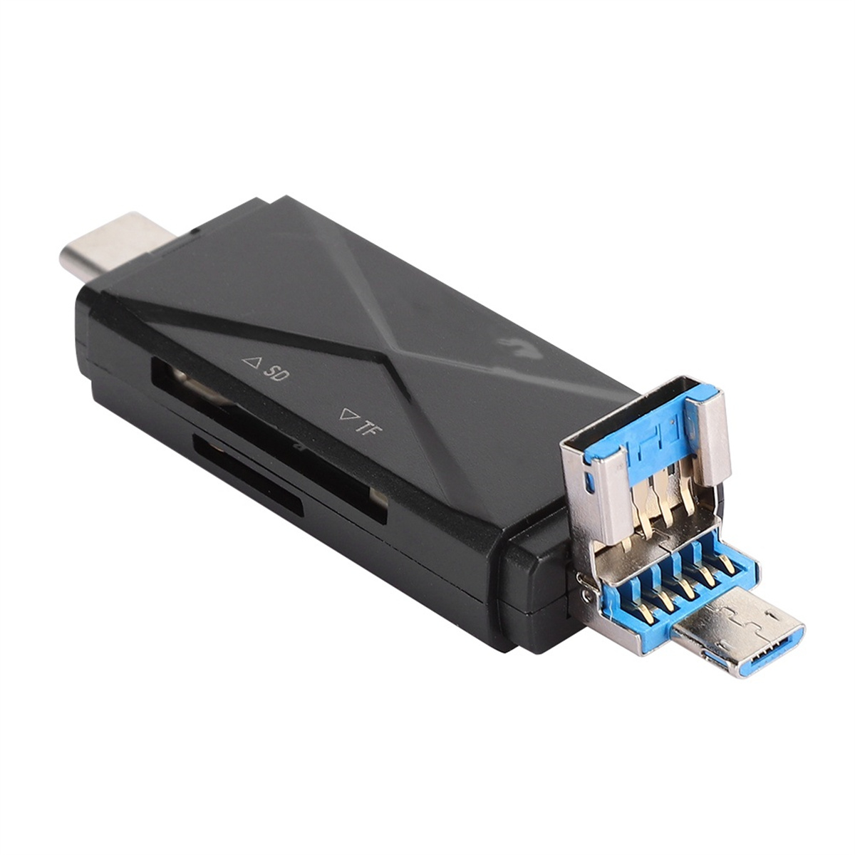 Schwarzer Multiport-Adapter mit USB- und SD-Kartensteckplätzen sowie einem USB-C-Anschluss.