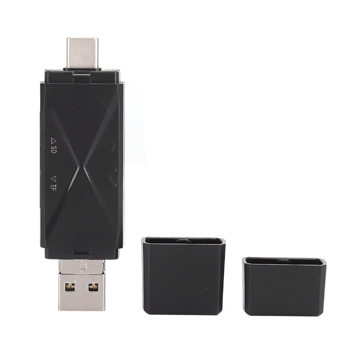 Ein schwarzer USB-C-Kartenleser mit zwei schwarzen Kappen. Der Leser hat USB- und SD-Kartenanschlüsse.