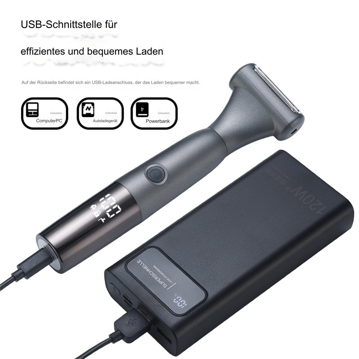 Ein grauer Elektrorasierer und eine schwarze Powerbank mit Ladekabeln.