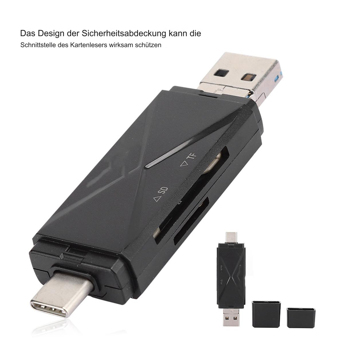 Schwarzer Multi-Port-USB-Adapter mit Typ-C-Anschluss. Steckplätze für SD- und TF-Karten.
