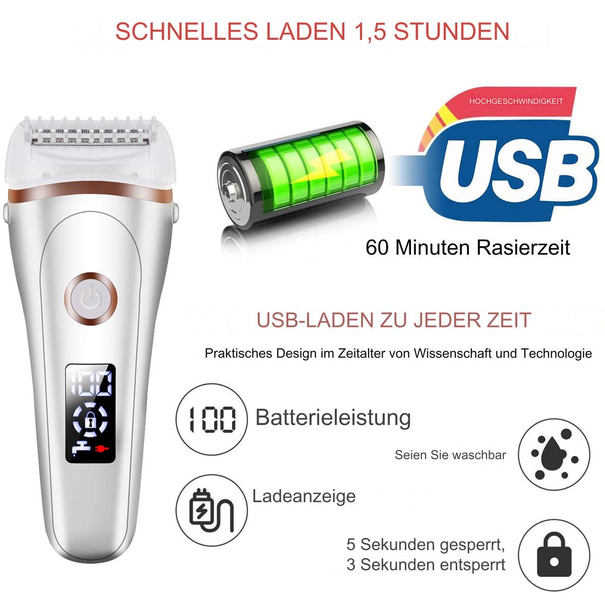 Elektrorasierer mit Digitalanzeige, Akkusymbol und USB-Ladeanschluss.